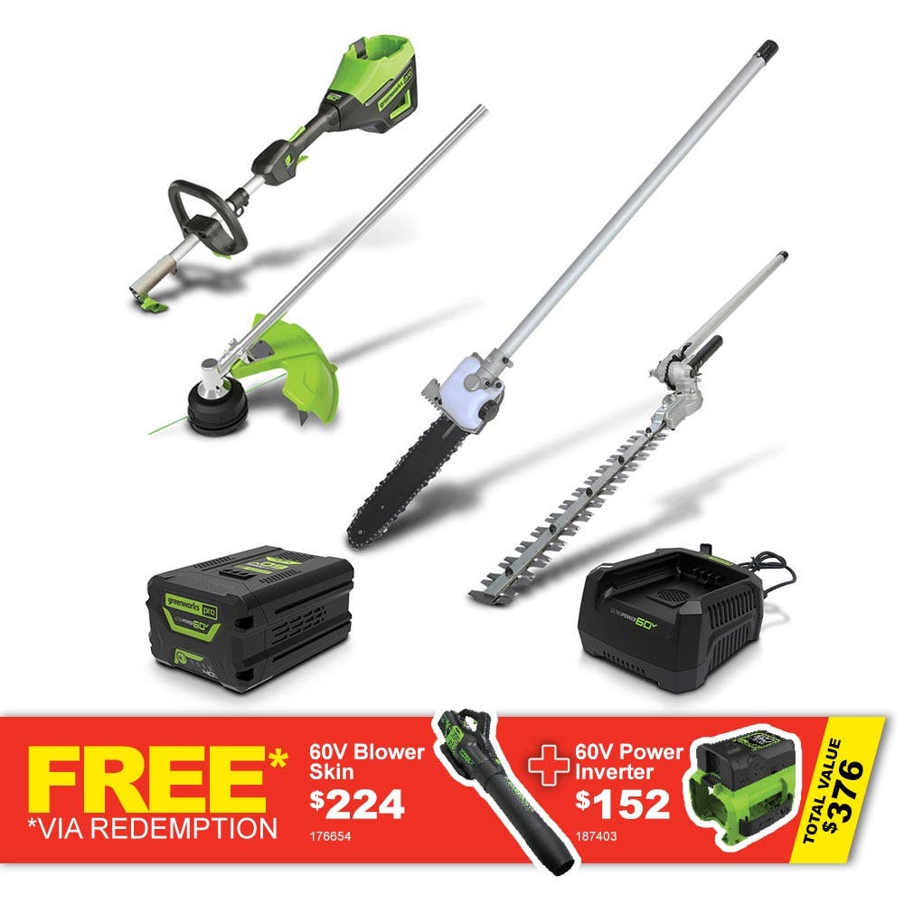 GREENWORKS 60V 1 x 4.0AH Pole Saw/Hedge Attachment Multi Tool Kit TTKIT905