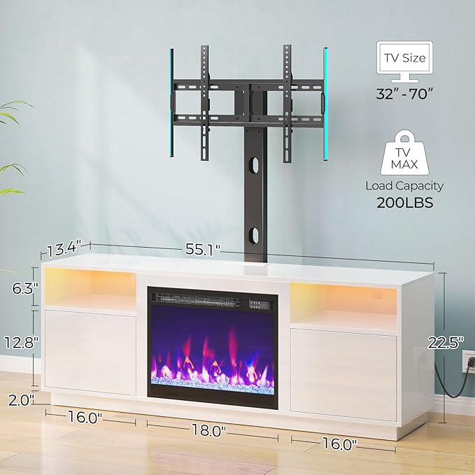 Rolanstar Fireplace TV Stand with Led Lights and Power Outlets, Entertainment Center with Electric Fireplace, Swivel TV Stand Mount for 45/55/60/65 inch TVs, Height Adjustable TV Console