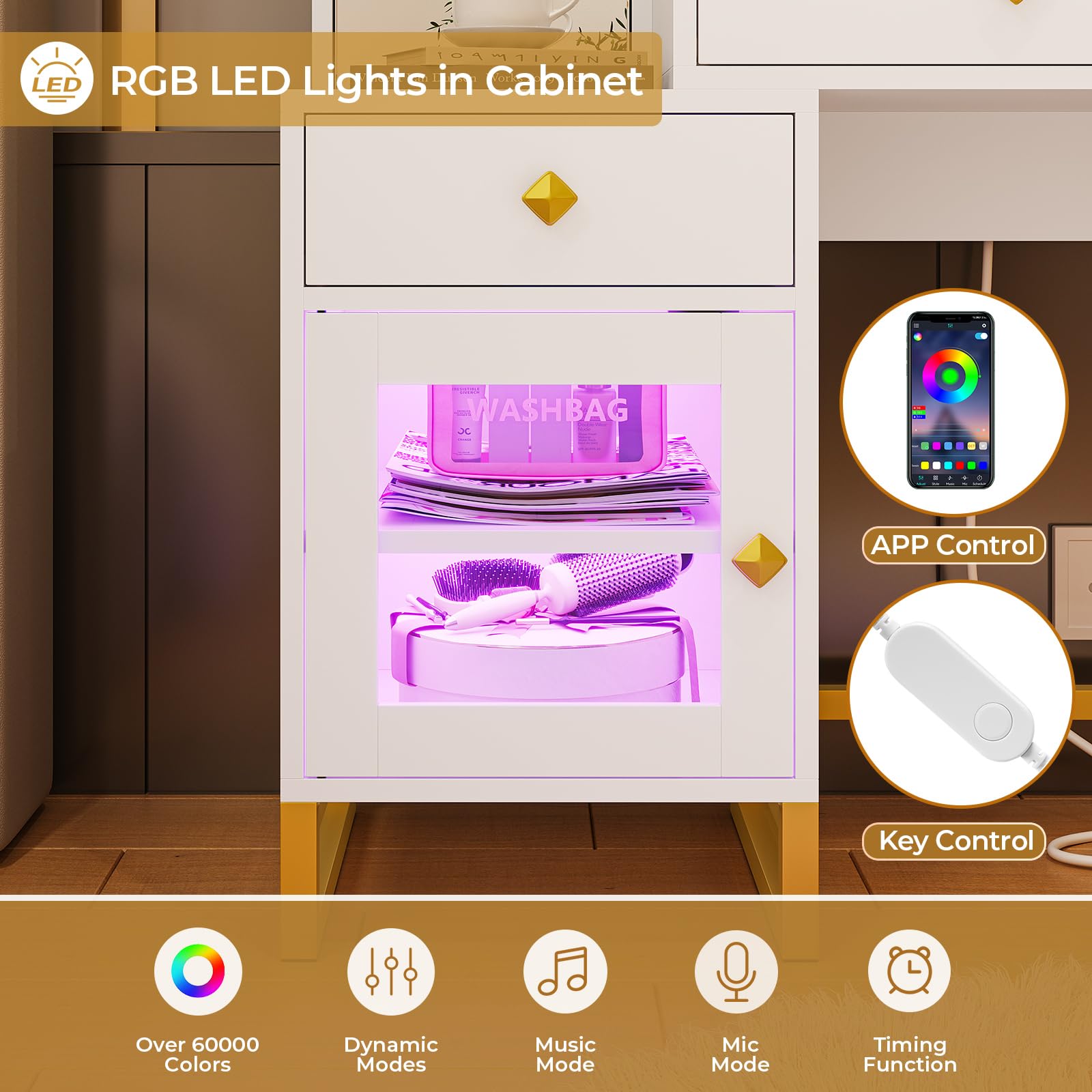 Afuhokles Vanity with Lighted Mirror and Charging Station, Makeup Table with Jewelry Armoire, Full Length Mirror, RGB Cabinet