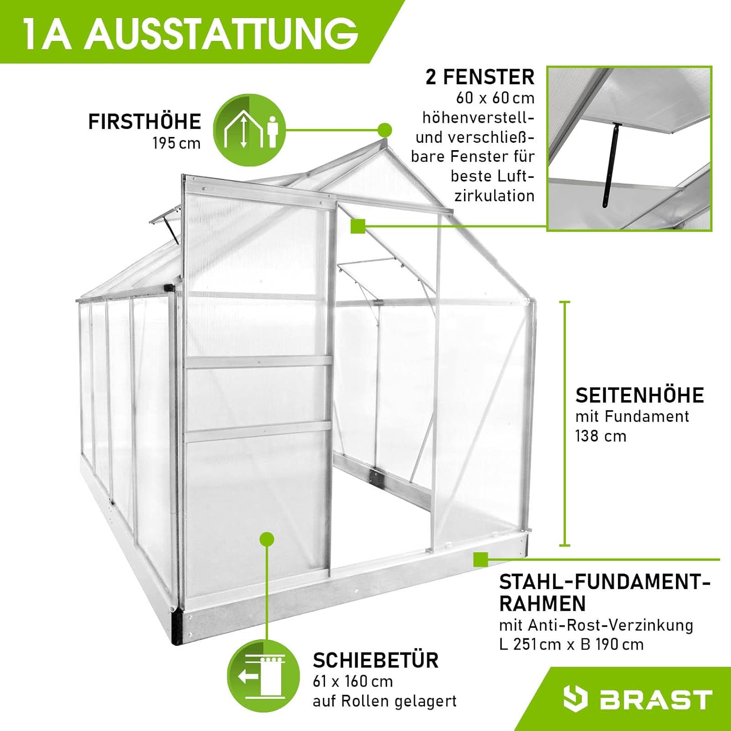 BRAST Aluminium Greenhouse with Base, 250 x 190 x 195 cm, TÜV Tested, 6 mm Hollow Chamber Panels Rustproof, Weatherproof, Temperature-Resistant
