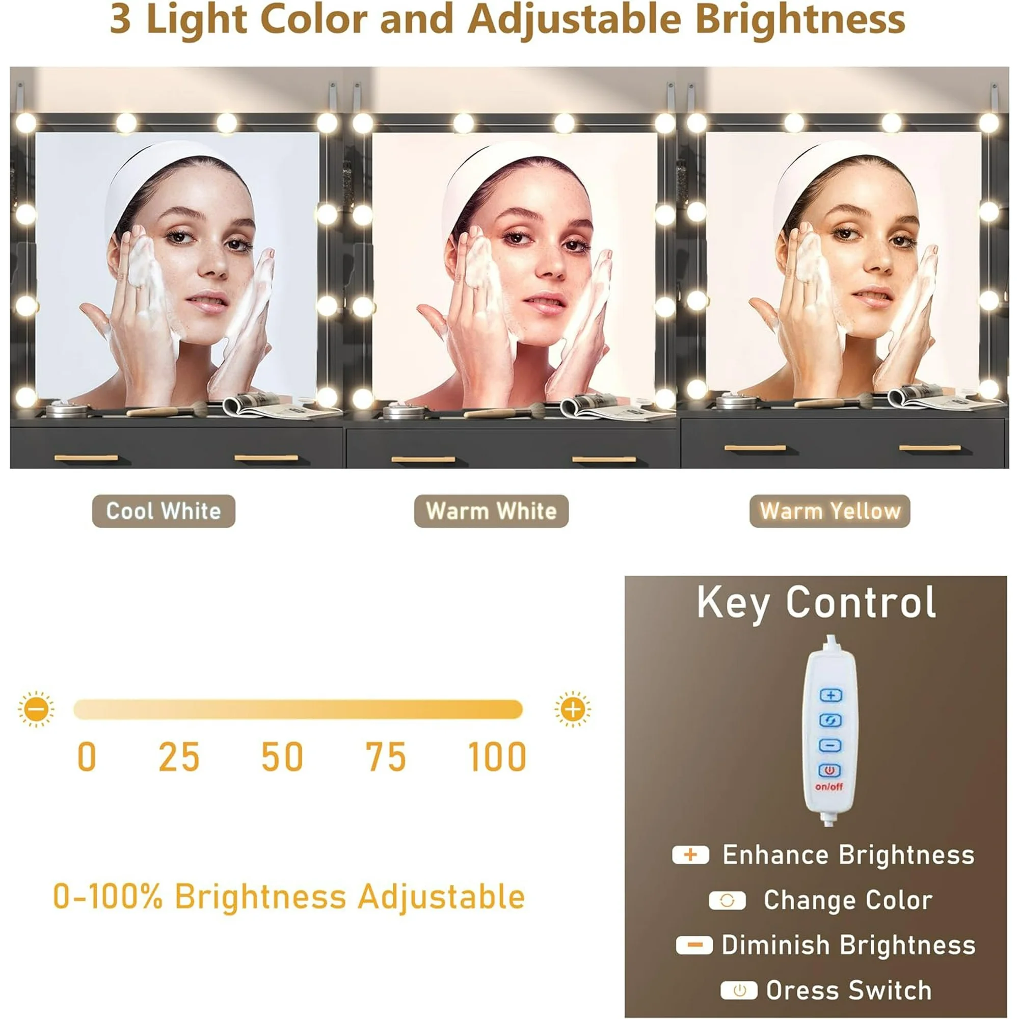 Black Vanity Desk with Mirror & LED Lights, Glass Top Vanity Desk with Charging Station & Compartment Storage Drawers, 43