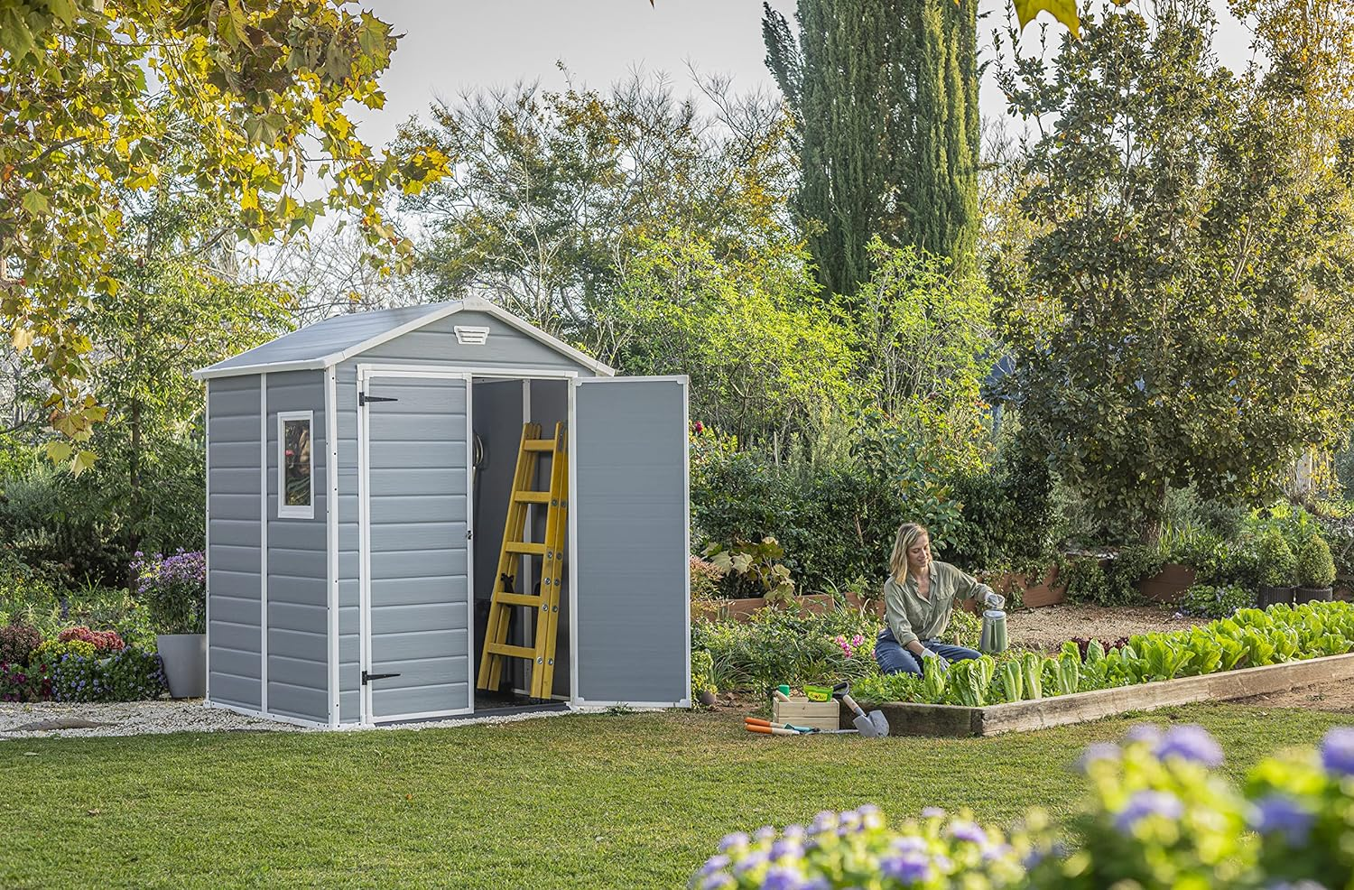 Keter Manor Outdoor Plastic Garden Storage Shed, Grey, 6 x 8 ft