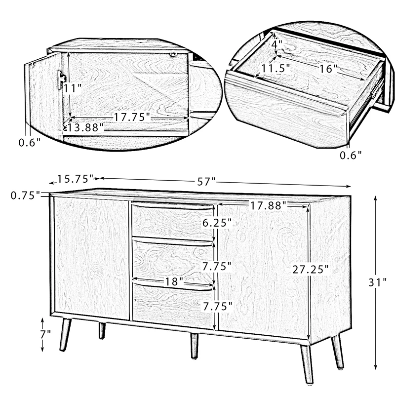 Abigail 57 Wide 3 Drawer Sideboard