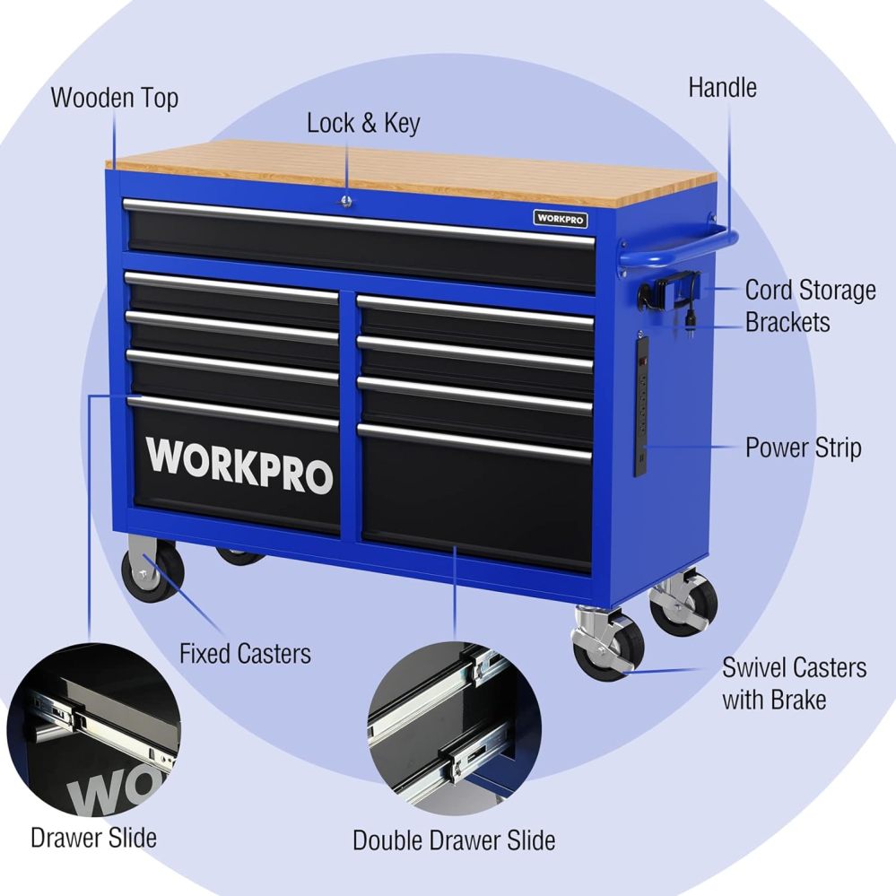 WORKPRO 46-Inch 9-Drawers Rolling Tool Chest, Mobile Tool Storage Cabinet with Wooden Top, Equipped with Casters, Handle, Drawer Liner, and Locking System, 1200 lbs Load Capacity