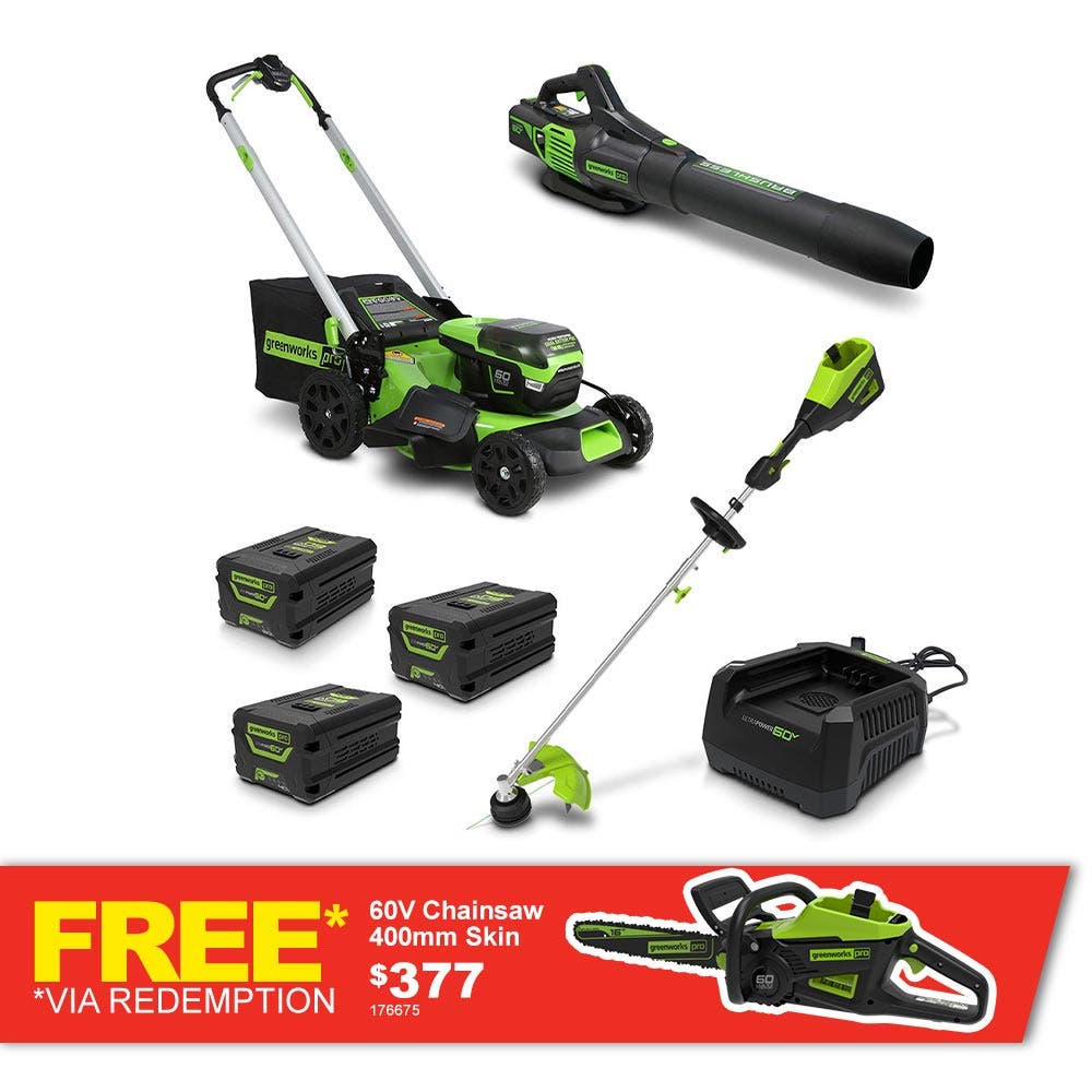 GREENWORKS 60V 1x6.0Ah / 2x4.0Ah Lawn Mower + Blower + Multi Tool Kit 1305307AUVT