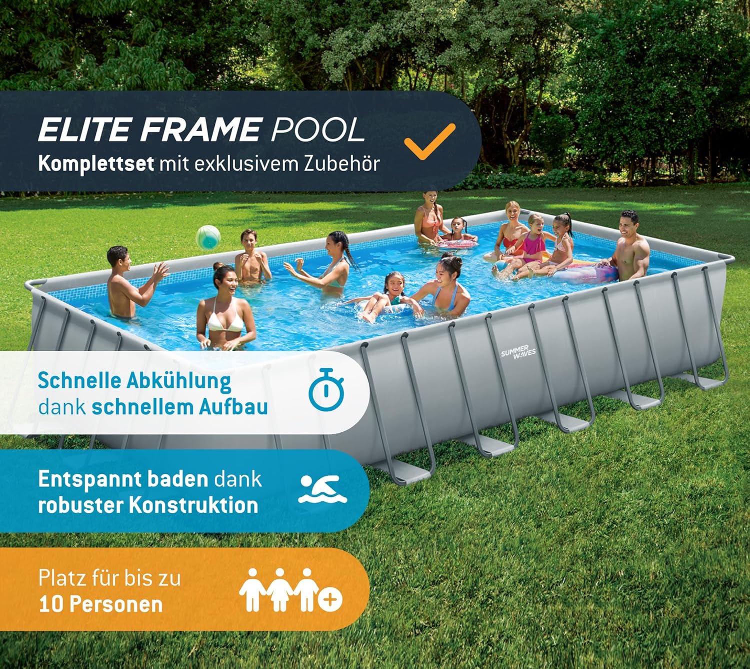 Summer Waves Frame Pool Complete Set, Rectangular 732 x 366 x 132 cm, Grey