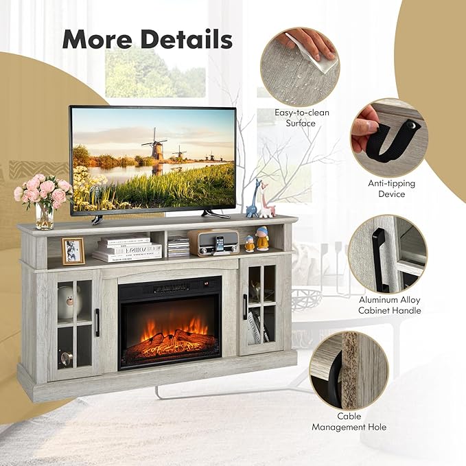COSTWAY Electric Fireplace TV Stand for TVs Up to 65 Inches, 1400W Heater Insert with Remote Control, 6H Timer, 3-Level Flame, Overheat Protection and CSA Certification, Adjustable Shelves, Grey
