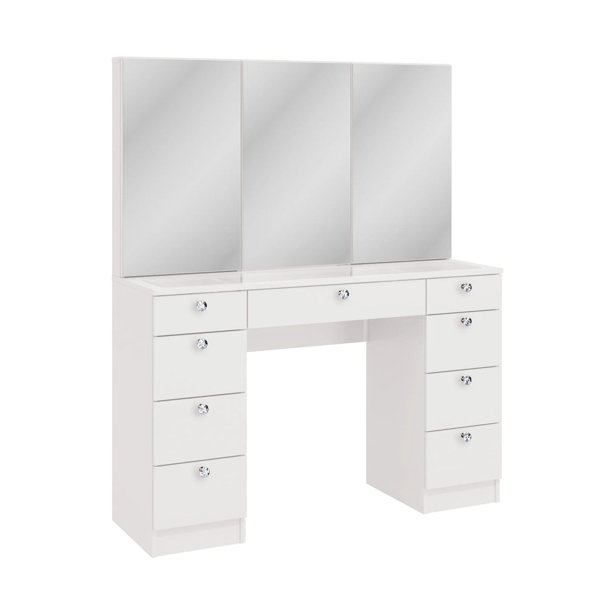 Ember Interiors Modern Vanity Table, 9 Drawers Cabinet Mirrors Crystal Knobs White for Bedroom