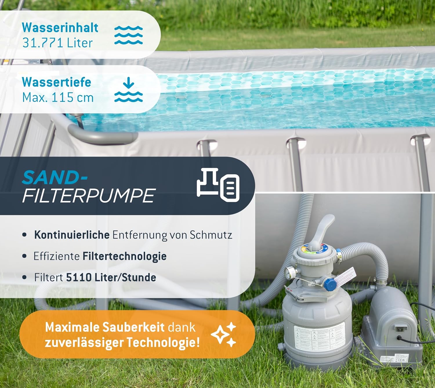 Summer Waves Frame Pool Complete Set, Rectangular 732 x 366 x 132 cm, Grey