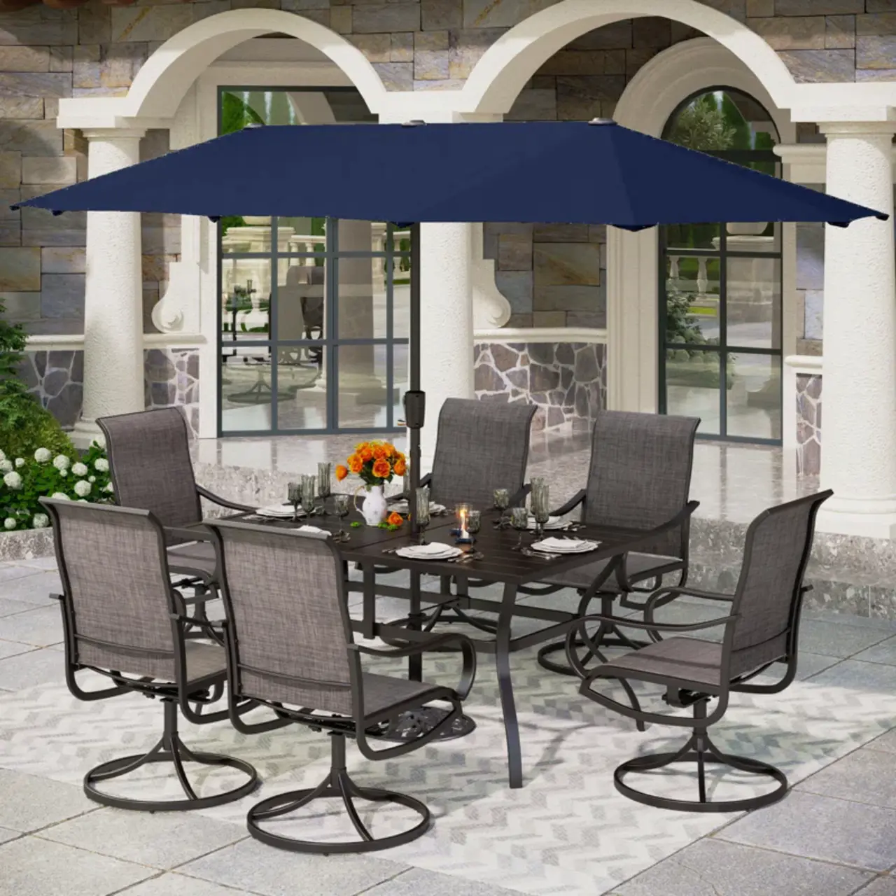 8 Pieces Patio Dining Set with Umbrella,Outdoor Furniture Set with 6 Sling Dining Swivel Chairs