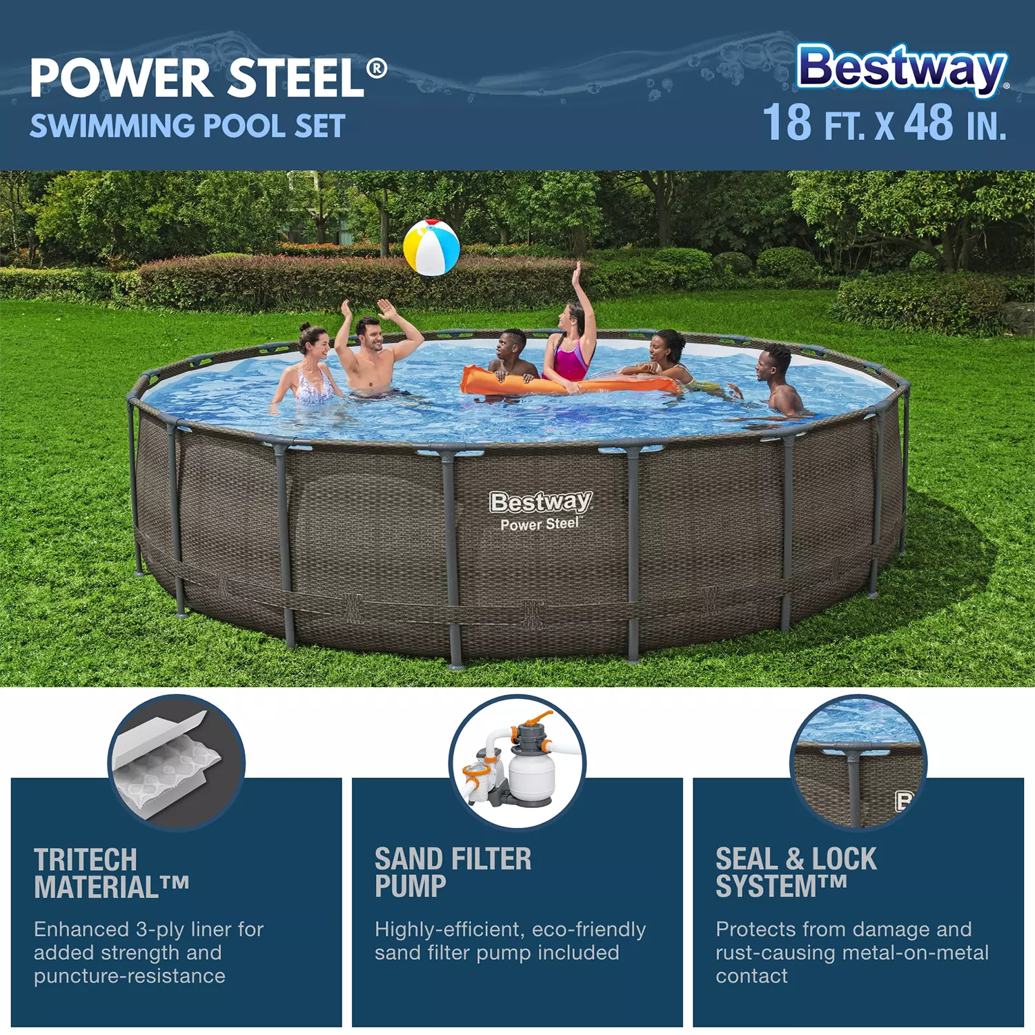 Bestway Power Steel Round Above Ground Pool Set, 18’ x 48”