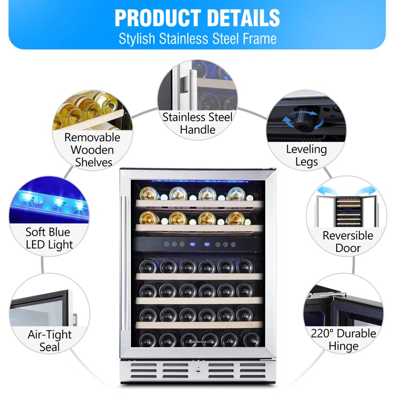 Kalamera Dual Zone 23.5'' 46 Bottle Wine Refrigerator with Reversible Door
