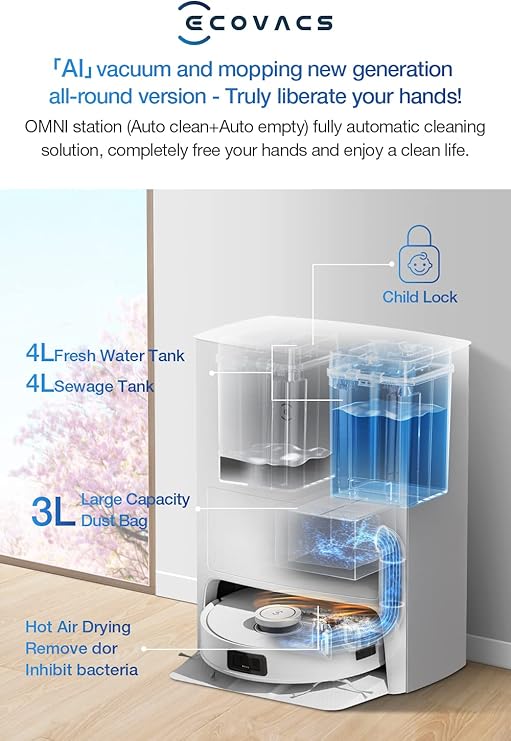ECOVACS DEEBOT T10 OMNI Robot Vacuum and Mop Combo, Auto Self-Emptying, Auto Mop Cleaning, Hot Air Drying, 5000Pa Suction, OZMO TURBO Deep Mopping with Precision Mapping and Obstacle Avoidance
