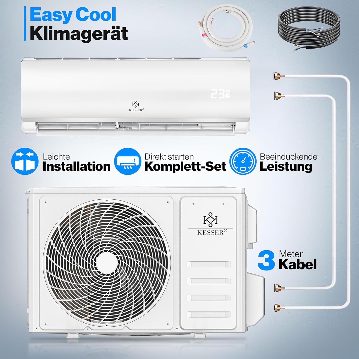 KESSER® Air Conditioner Set with Split System - with WiFi/App Function - Cooling A++/Heating A+ - 12000 BTU/h (3400 Watts), Refrigerant R32 - Remote Control, Timer Function - incl. Complete Mounting
