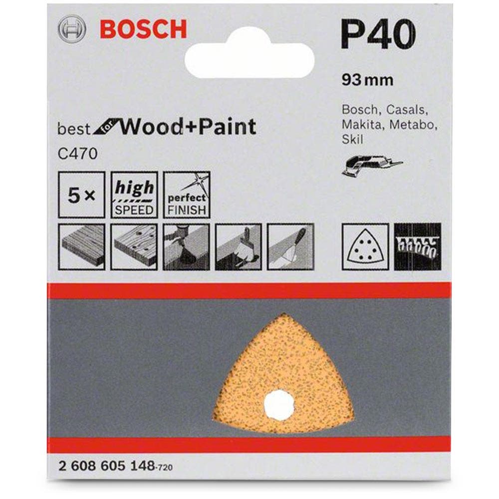 BOSCH 93mm 40-Grit 6-Hole Hook & Loop Delta Sanding Sheet for Wood & Paint - C470 - 5 Piece