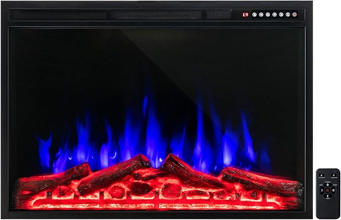 COSTWAY 37-Inch Electric Fireplace, Wall-Mounted and Recessed Fireplace Heater with 4 Flame and Log Colors, 5-Level Flame Speed and Brightness, Remote Control, 8H Timer, Overheat Protection, 1500W