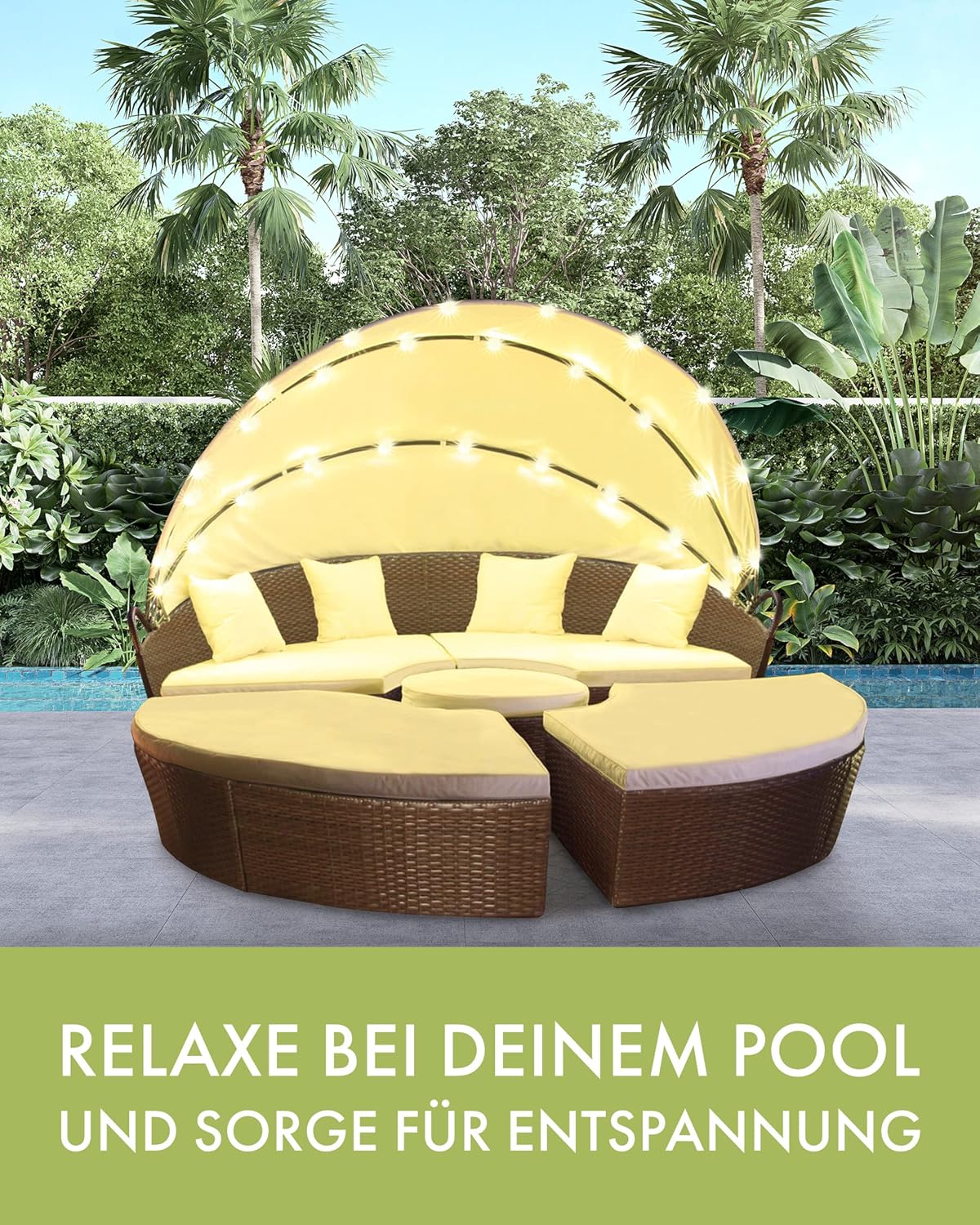 Polyrattan Sun Island with LED Lighting + Solar Module, Rattan Garden Lounger, Sun Bed with Rain Cover