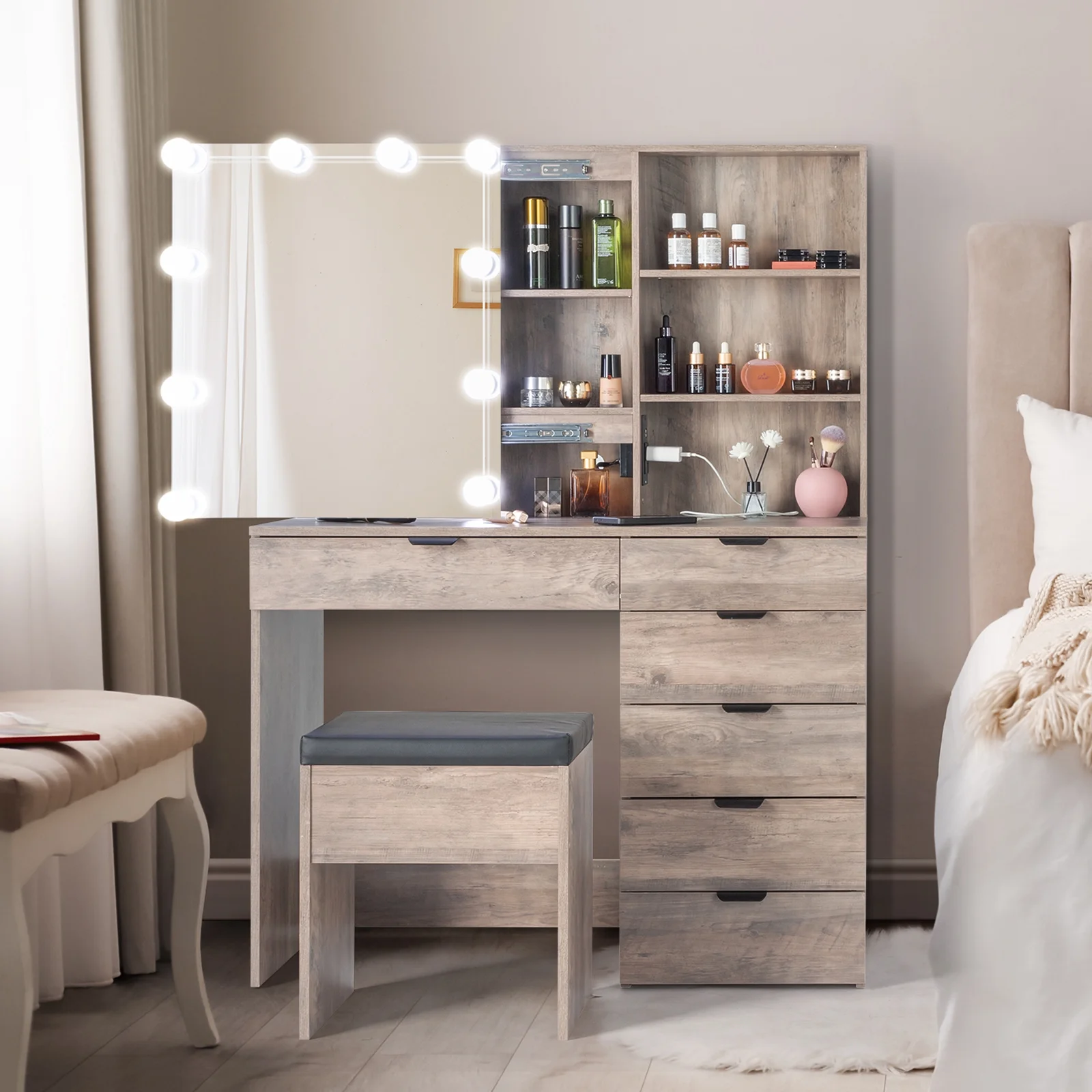 Ktaxon Vanity Table Set with USB Charging Stationfor Bedroom Makeup Dressing Table with Sliding Mirror,3 Color Light