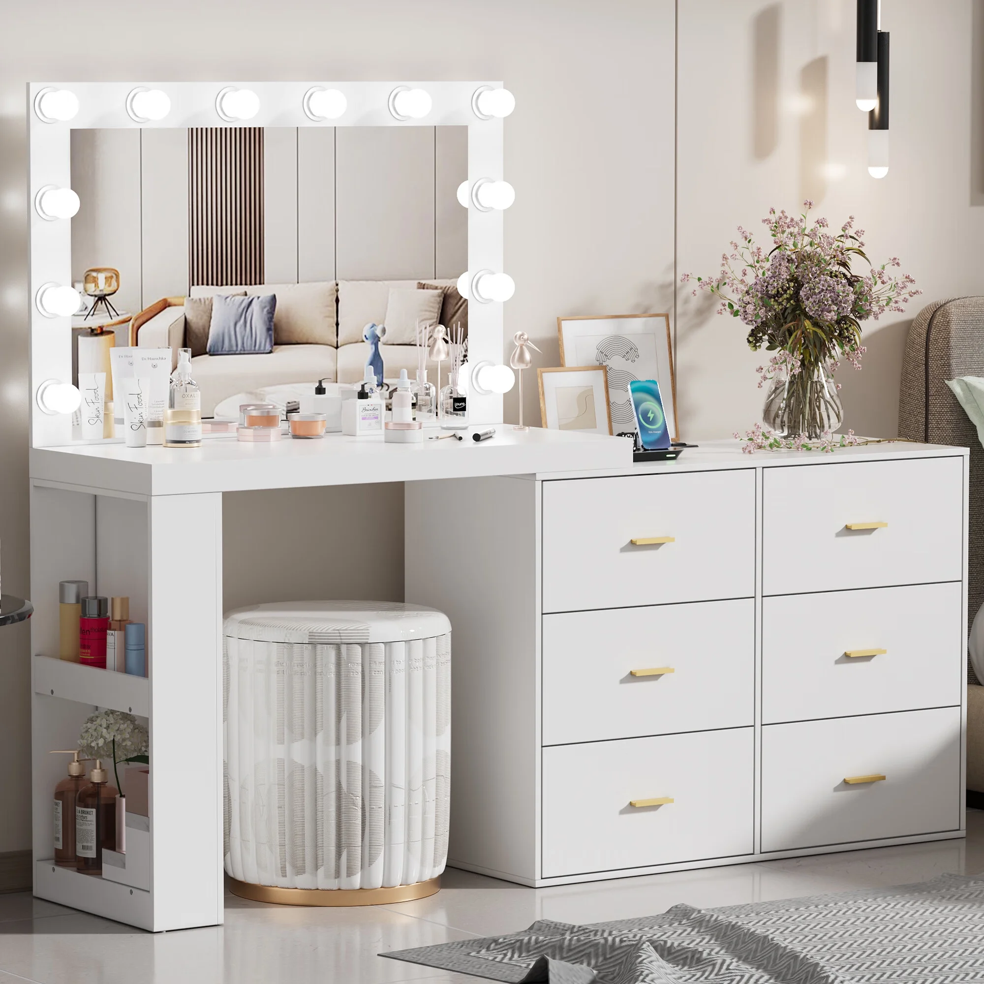 PAKASEP Makeup Vanity Desk with Mirror, 3-Color Lights, Charging Station, 6 Drawers, and Side Storage Shelves for Bedroom, White Vanity Dressing Table