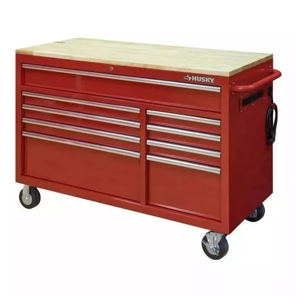 52 inches. 24 inches wide. D 9 drawer bright red mobile workbench