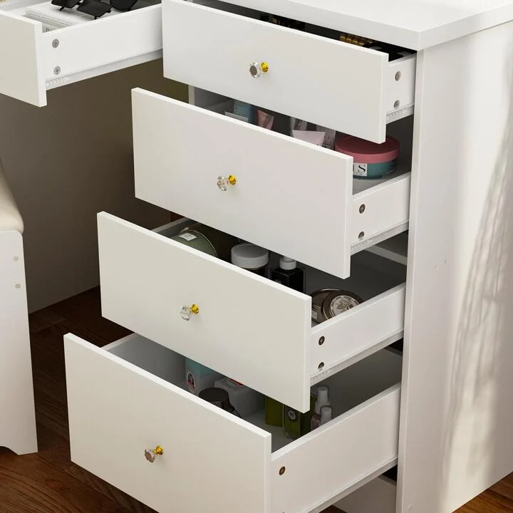 Vanity Stool Set With Sliding Lighted Mirror & Transparent glass panel