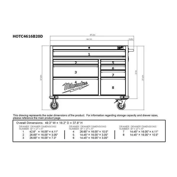46 inches. Red/Black Textured 8-Drawer Roller Cabinet Toolbox