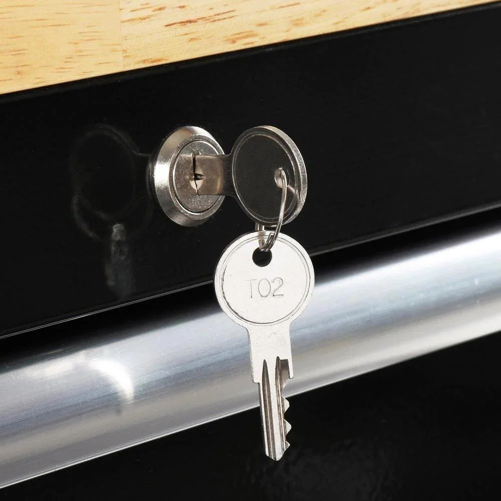 62-inch 14-drawer mobile workbench, solid wood top, black