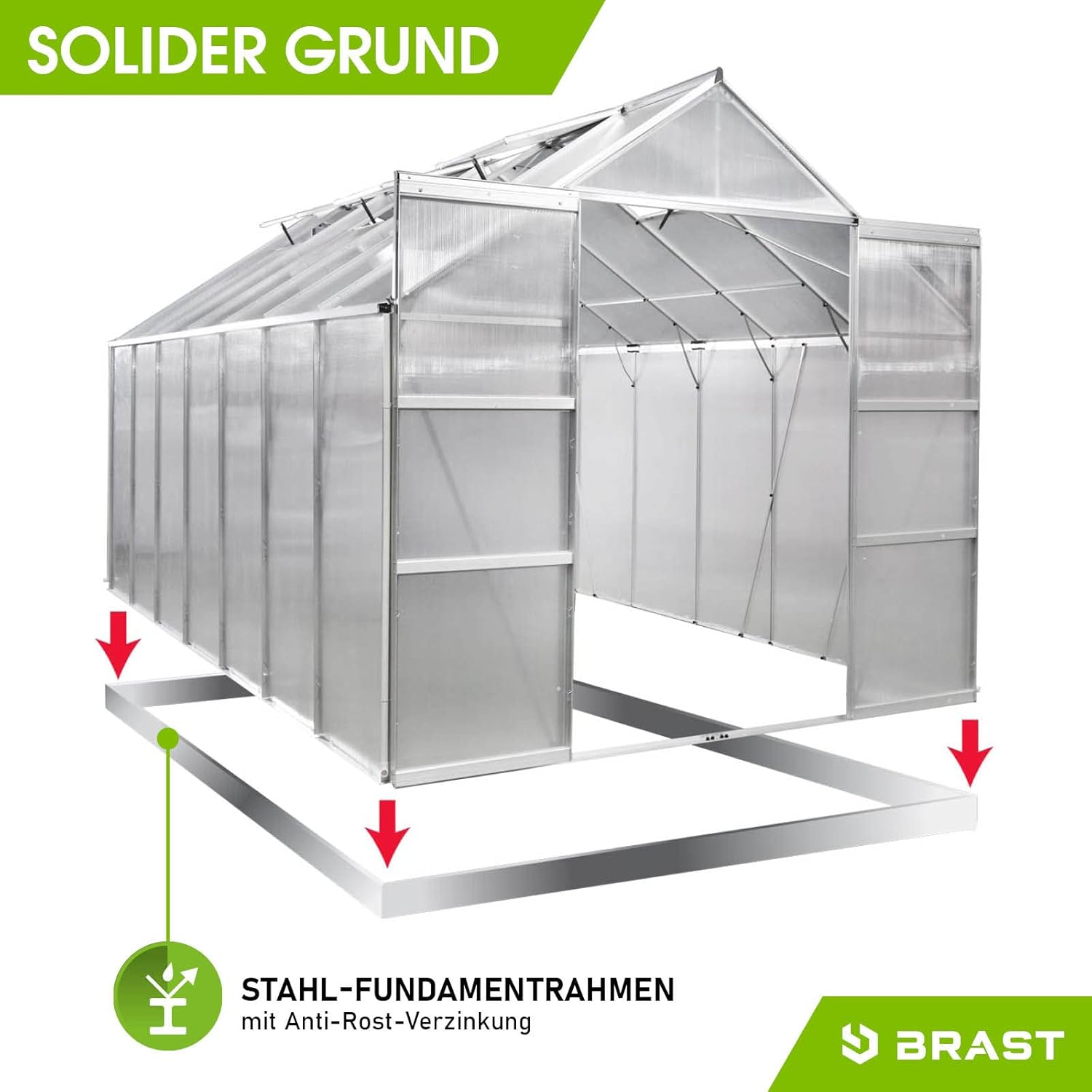 BRAST Aluminium Greenhouse with Base 490 x 250 x 235 cm, TÜV Tested, 6 mm Hollow Chamber Panels, Rustproof/Weatherproof/Temperature-Resistant