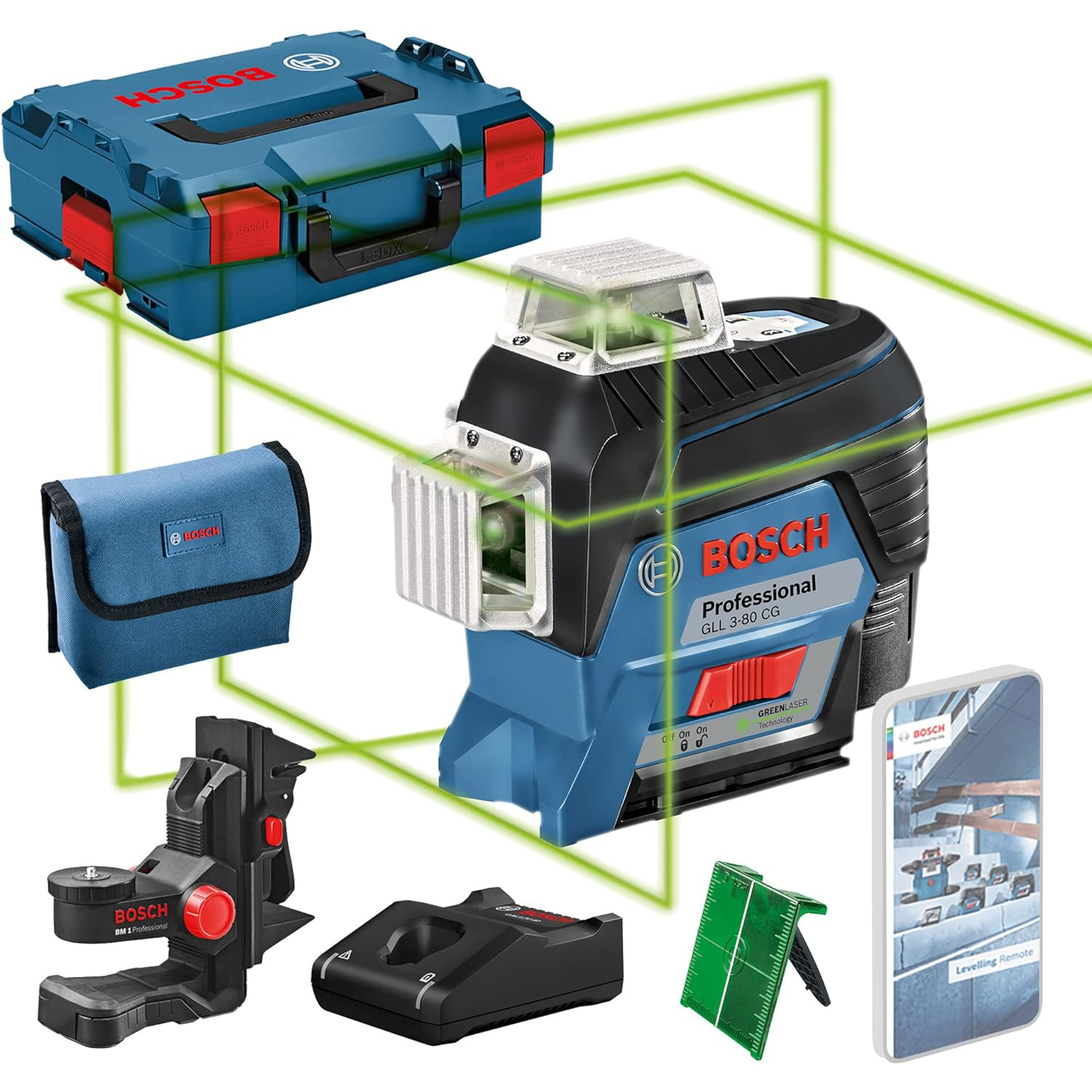 Bosch Professional 12V System Niveau Laser Lignes GLL 3-80 CG (1 batterie 12V, laser vert, pour l'intérieur, avec fonction d'application, portée : jusqu’à 30 m, support universel BM 1, L-BOXX)