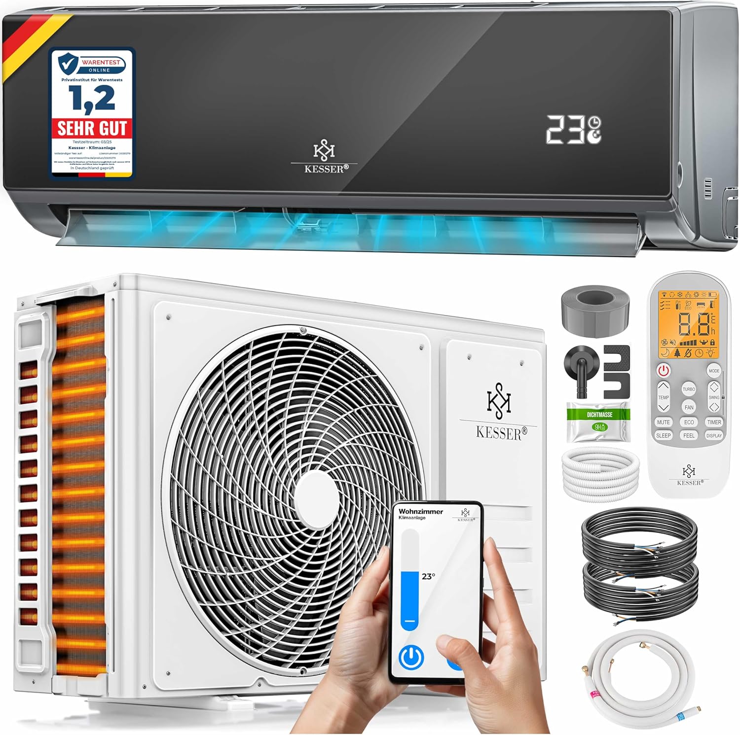 KESSER® Air Conditioner Set with Split System - with WiFi/App Function - Cooling A++/Heating A+ - 12000 BTU/h (3400 Watts), Refrigerant R32 - Remote Control, Timer Function - incl. Complete Mounting