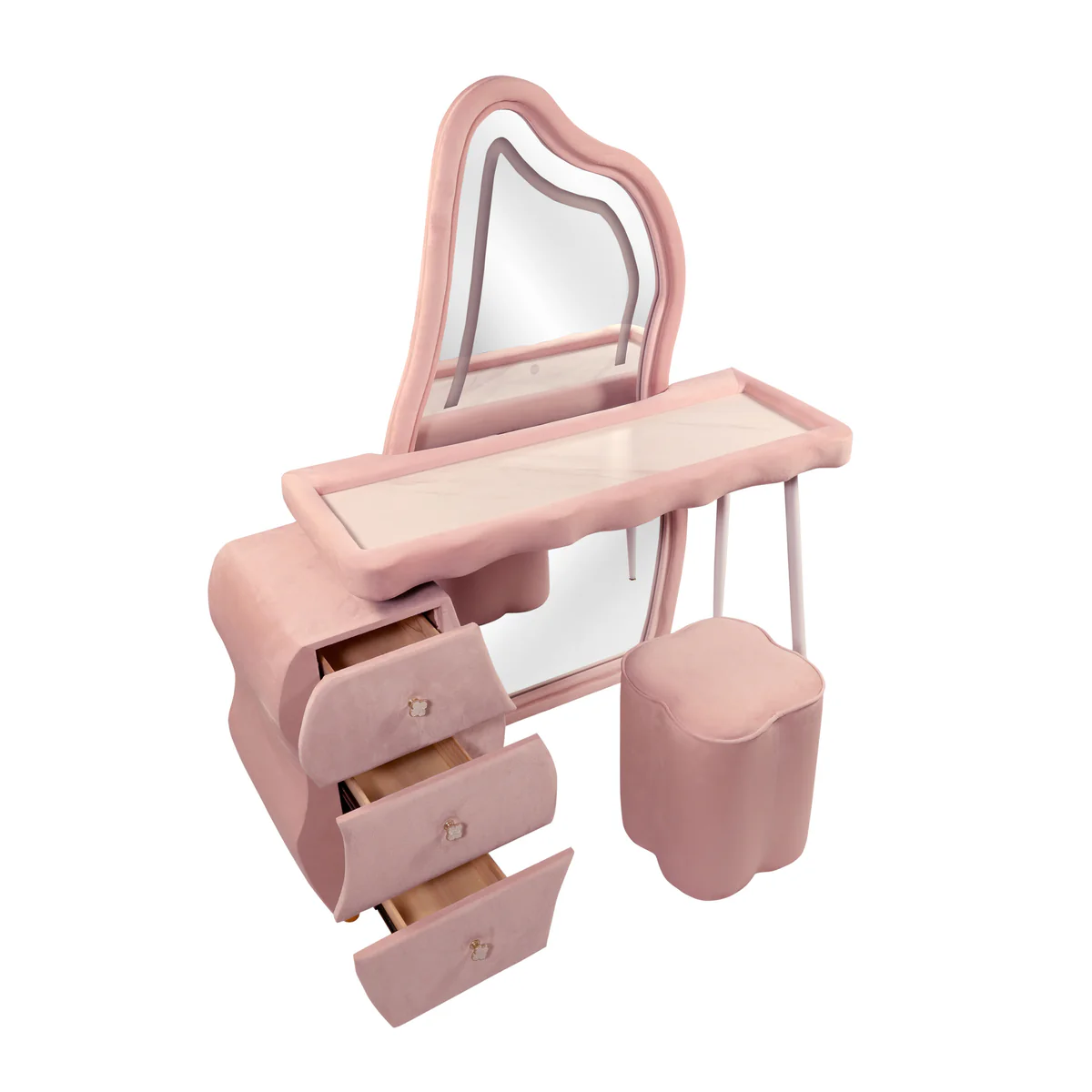 Flamingo Dressing Table with Lighted Mirror, Vanity Set with 3 Drawers and Cushioned Stool, Pink Modern Vanity Table Bedroom Furniture Dresser - Pink