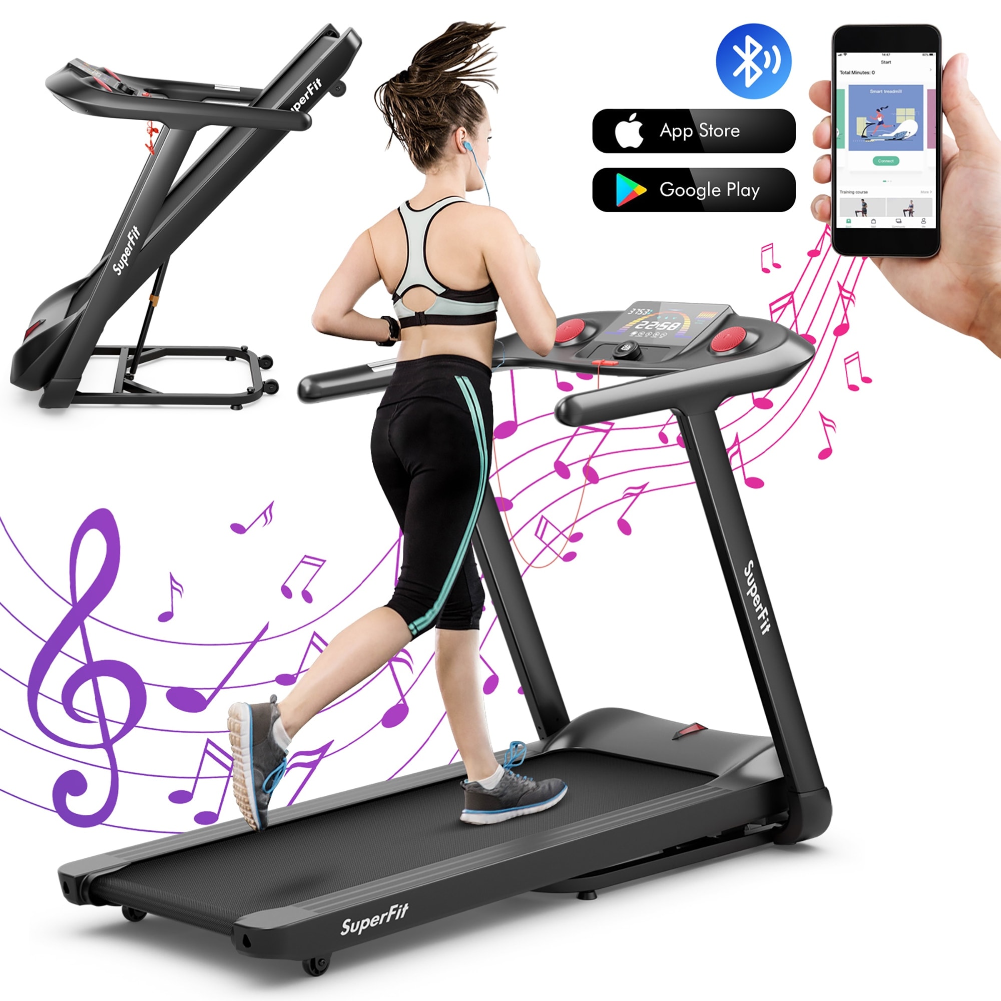SuperFit 4.75HP Folding Treadmill w/Preset Programs Touch Screen - 64'' x 30'' x 45''