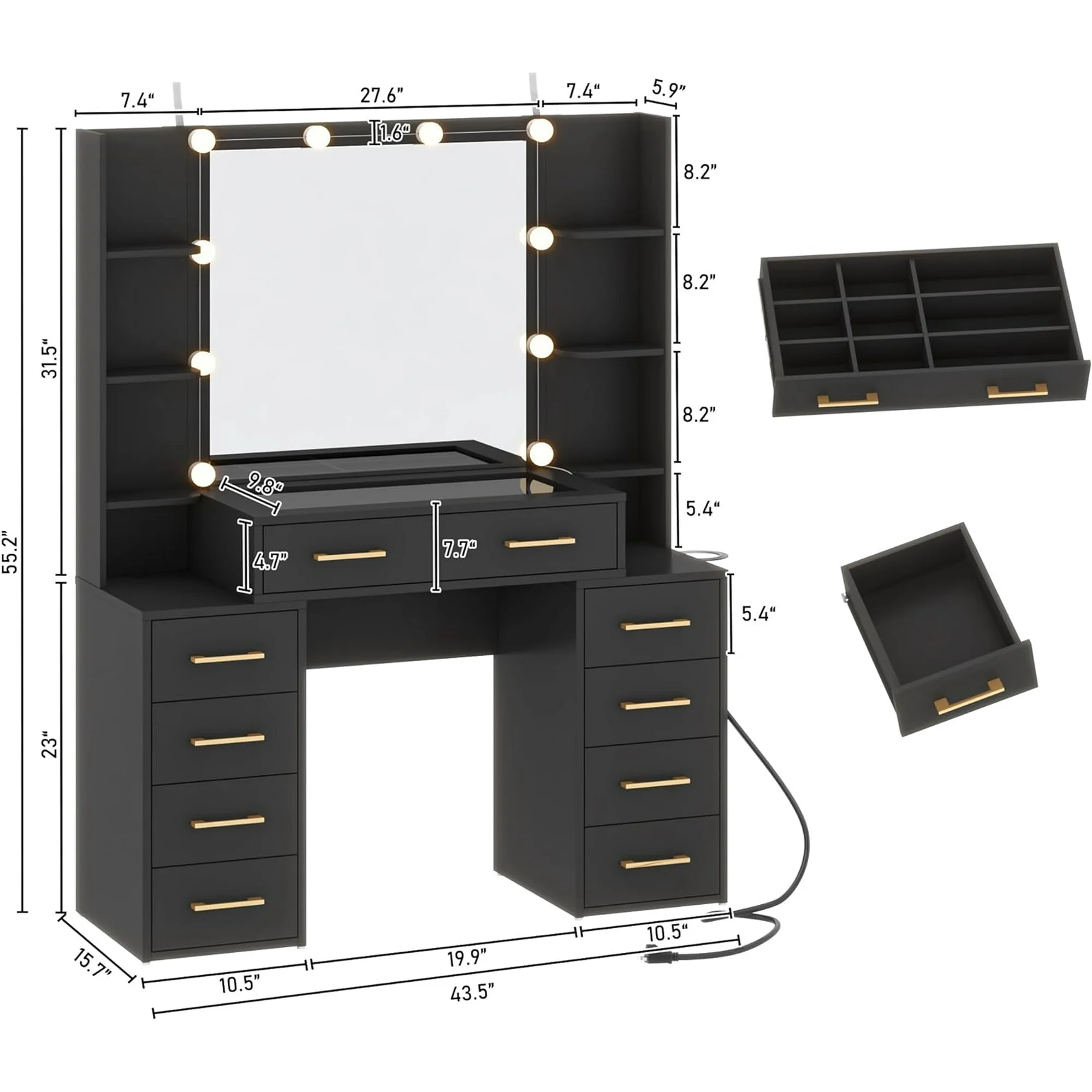 Black Vanity Desk with Mirror & LED Lights, Glass Top Vanity Desk with Charging Station & Compartment Storage Drawers, 43