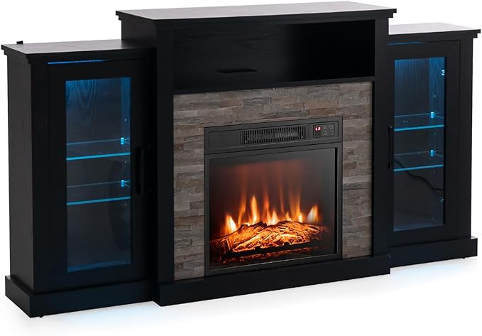 GOFLAME Fireplace TV Stand with LED Lights for TV up to 65”, Entertainment Center with 18” Electric Fireplace, Remote & APP Control, TV Console with Adjustable Glass Shelves