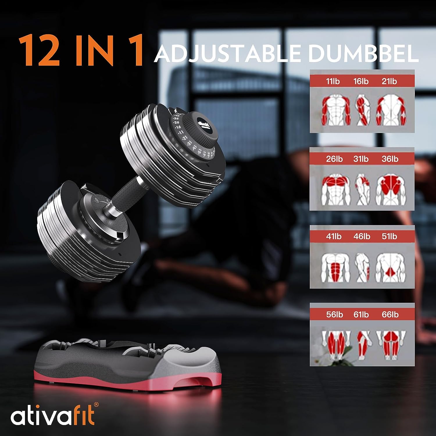ATIVAFIT Adjustable Dumbbell Set 44LBS Pair/ 66LBS Pair Dumbbell Free Weights Dumbbell Multiweight Options for Men Women Full Body Workout Fitness Home Gym