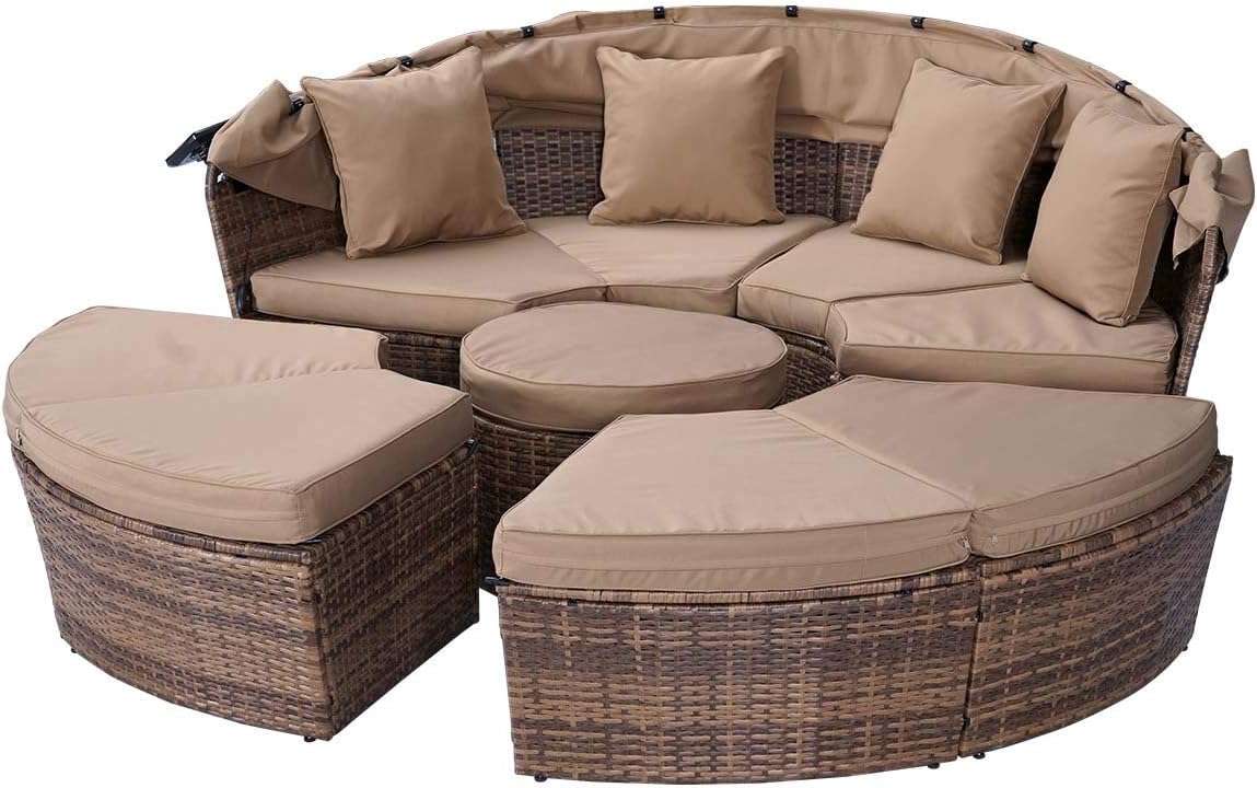 Brast Round Garden Sofa, Braided Polyrattan, in Grey, Black or Brown, 210 cm, with LED Lighting and Cover, Canopy, Foldable, Height-Adjustable, Garden Lounger