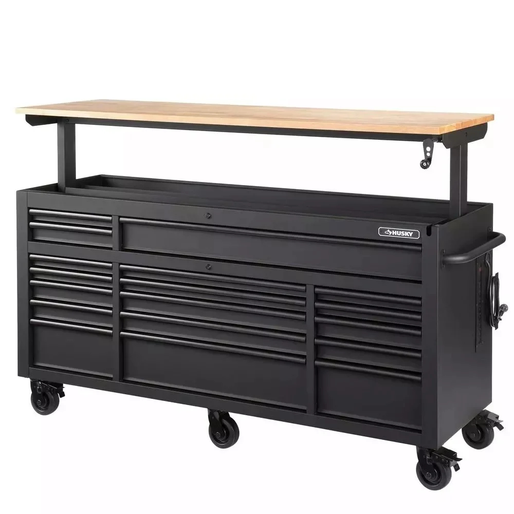 Heavy duty 72 in. W 18 Drawer Deep Tool Box Mobile Workbench in Matte Black with Adjustable Height Hardwood Top