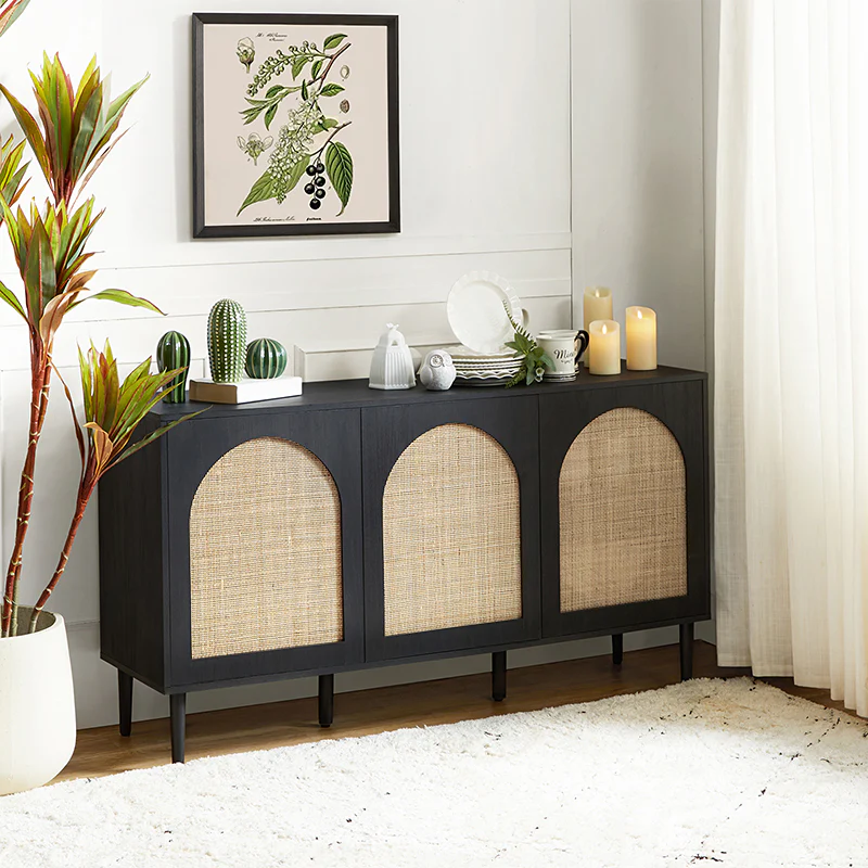 Posey 56 Wide Wood and Rattan Kacie Modern Sideboard