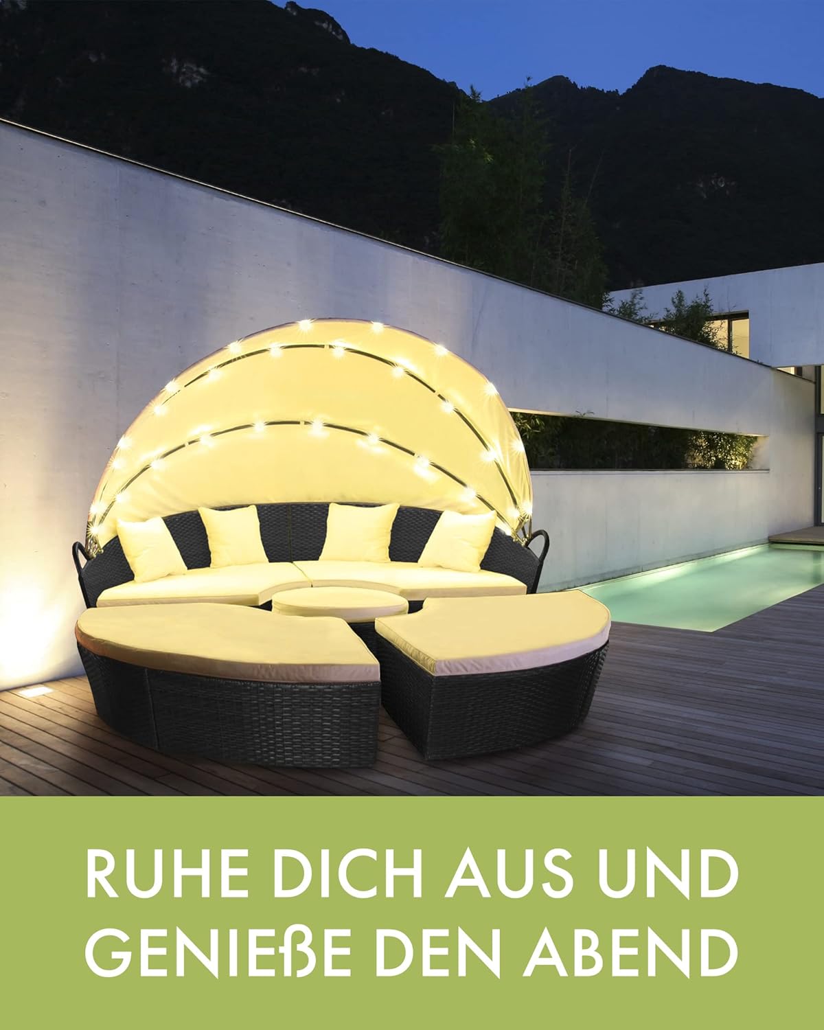 Polyrattan Sun Island with LED Lighting + Solar Module, Rattan Garden Lounger, Sun Bed with Rain Cover