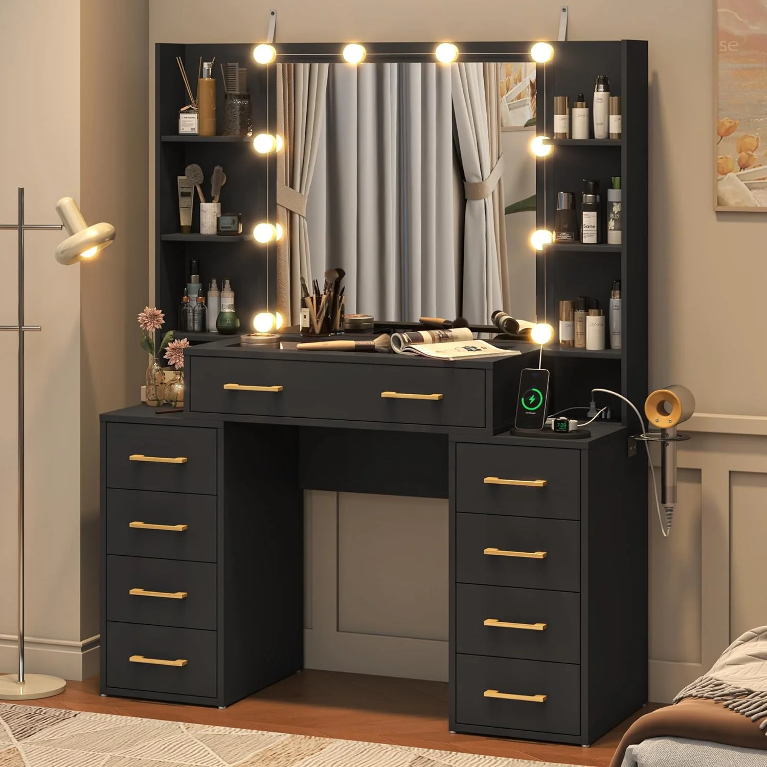 Black Vanity Desk with Mirror & LED Lights, Glass Top Vanity Desk with Charging Station & Compartment Storage Drawers, 43
