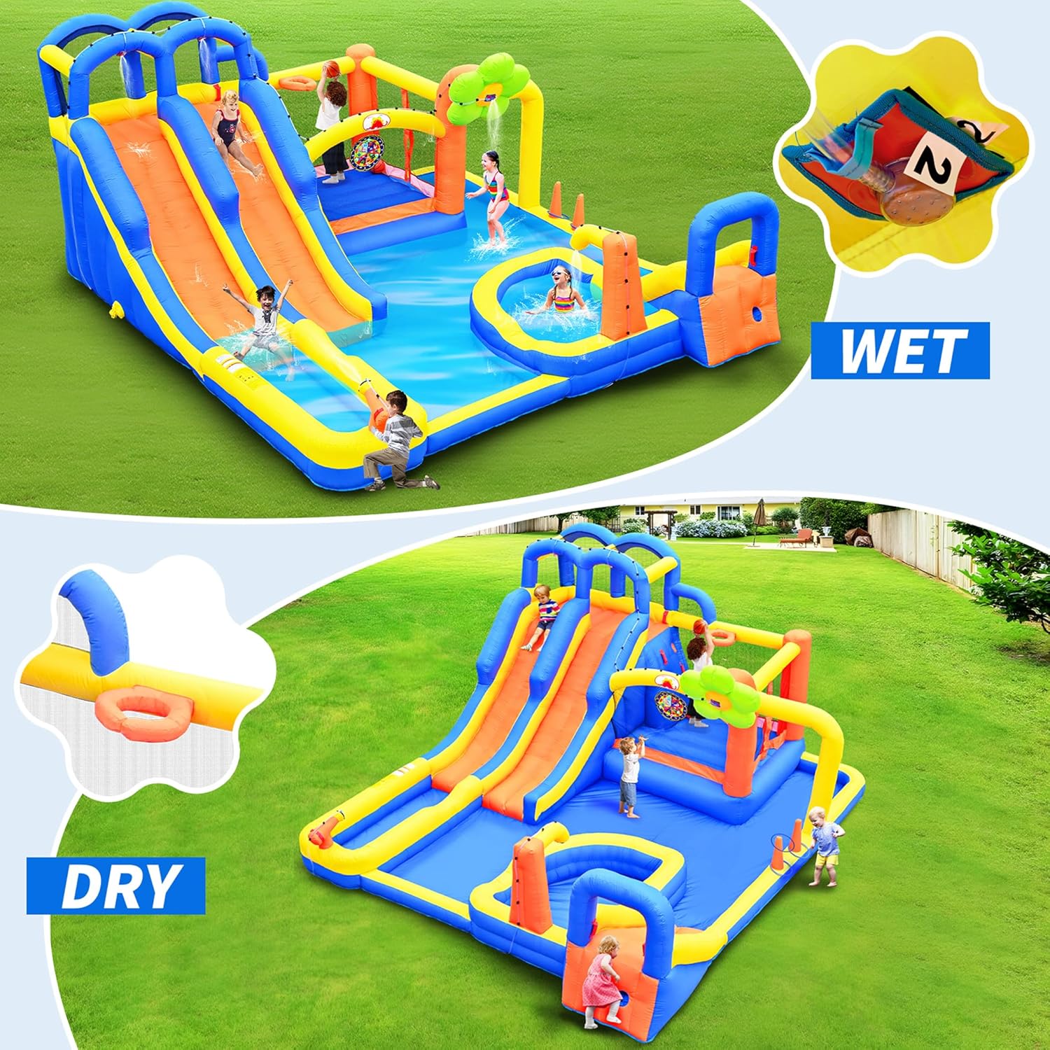 Inflatable Water 3 Slides Park with Blower, Inflatable Bounce House with Climbing Wall, Water Cannon, Dartboard, Flower Sprayer and Deep Pool