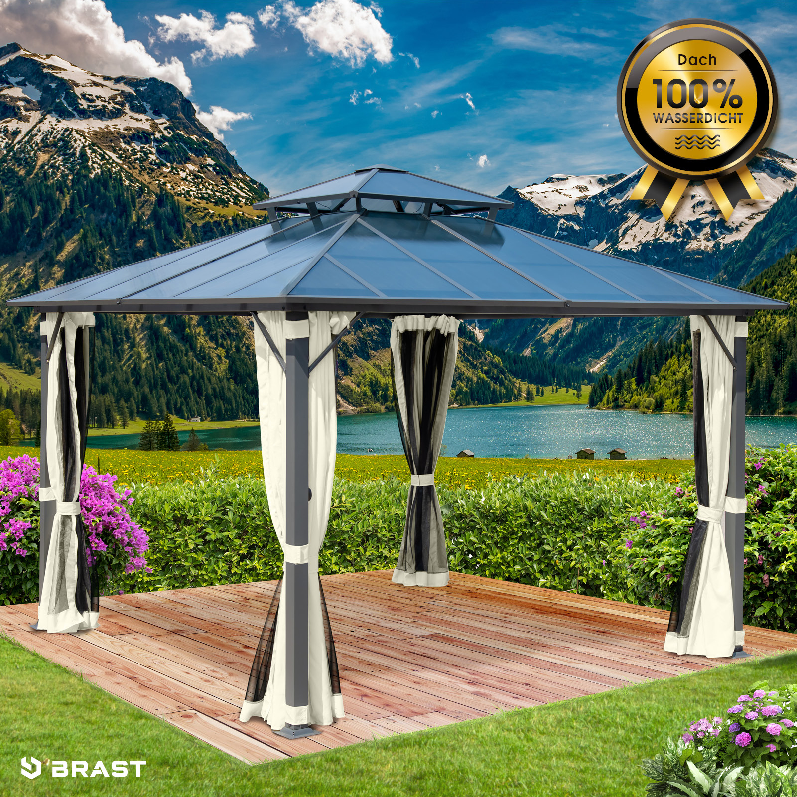 BRAST Alu Pavillon PAGODE 3.5x3.5m dunkelgrau mit Moskitonetz