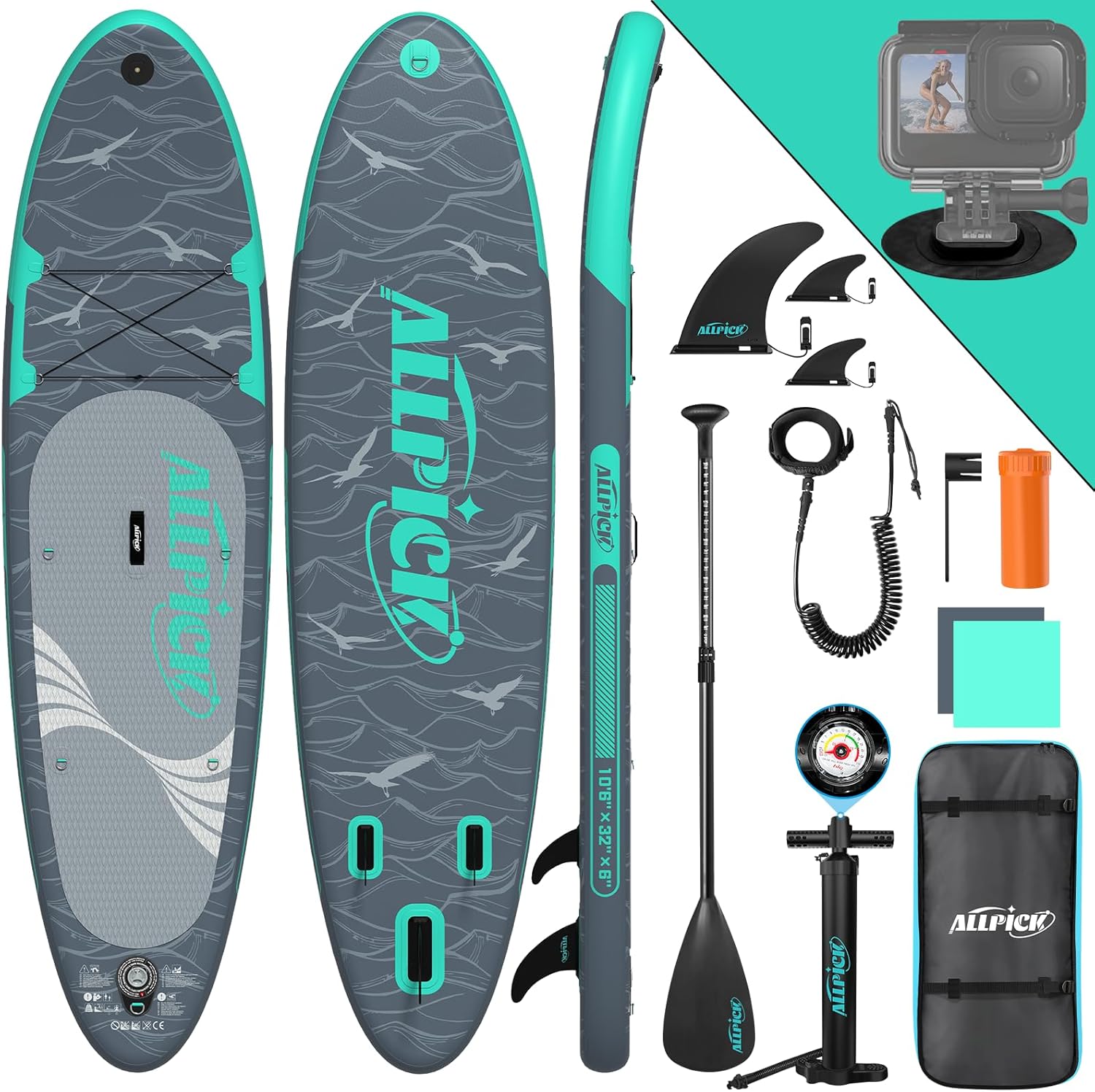 ALLPICK Premium SUP Board Set, Stand Up Paddling Board Aufblasbar, Mit Universal Kamerahalterung, Komplettes Zubehör, Verstellbares Paddel, Anfänger, Fortgeschrittene, 180kg