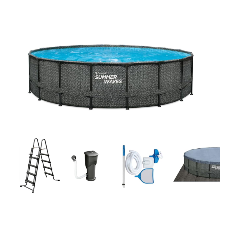 Summer Waves Frame Pool Complete Set | Round 488 x 122 cm Rattan Look Grey