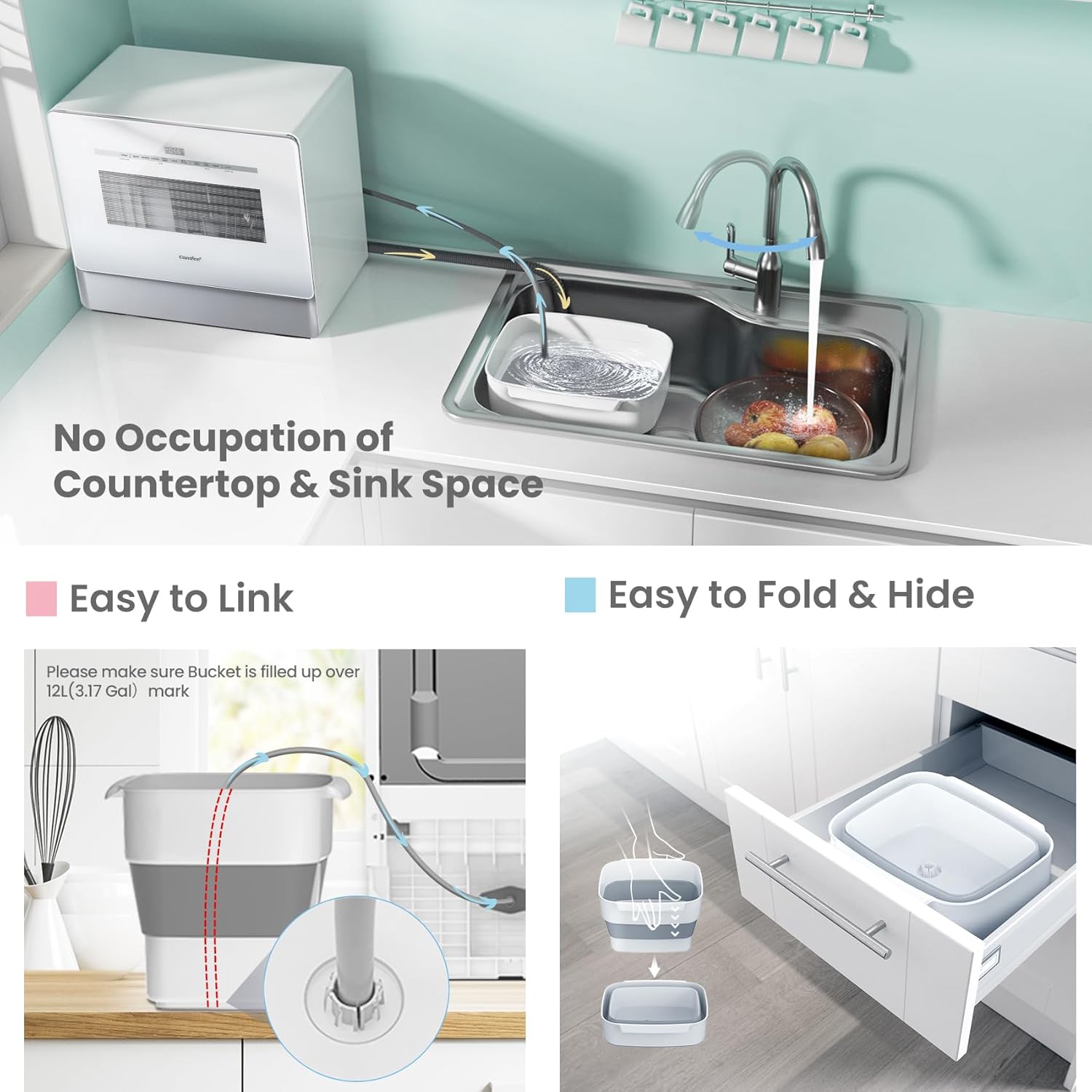COMFEE' Portable Dishwasher, Countertop Dishwasher with 3 Place Settings, Mini Dishwasher with More Space Inside, 6 Programs, Auto-Open Drying, Touch Control, White