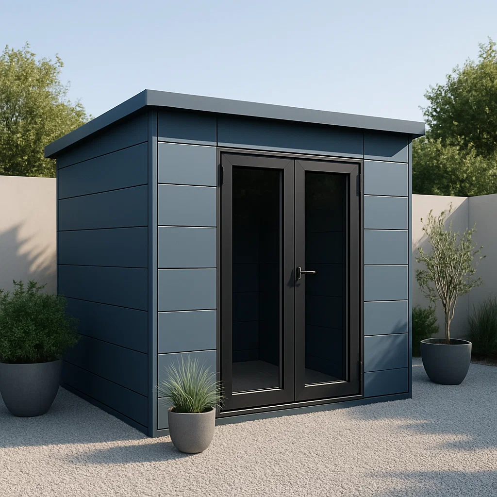 Caseta de jardín. Caseta metálica azul grafito de acero galvanizado para exterior. 200x180x210 cm