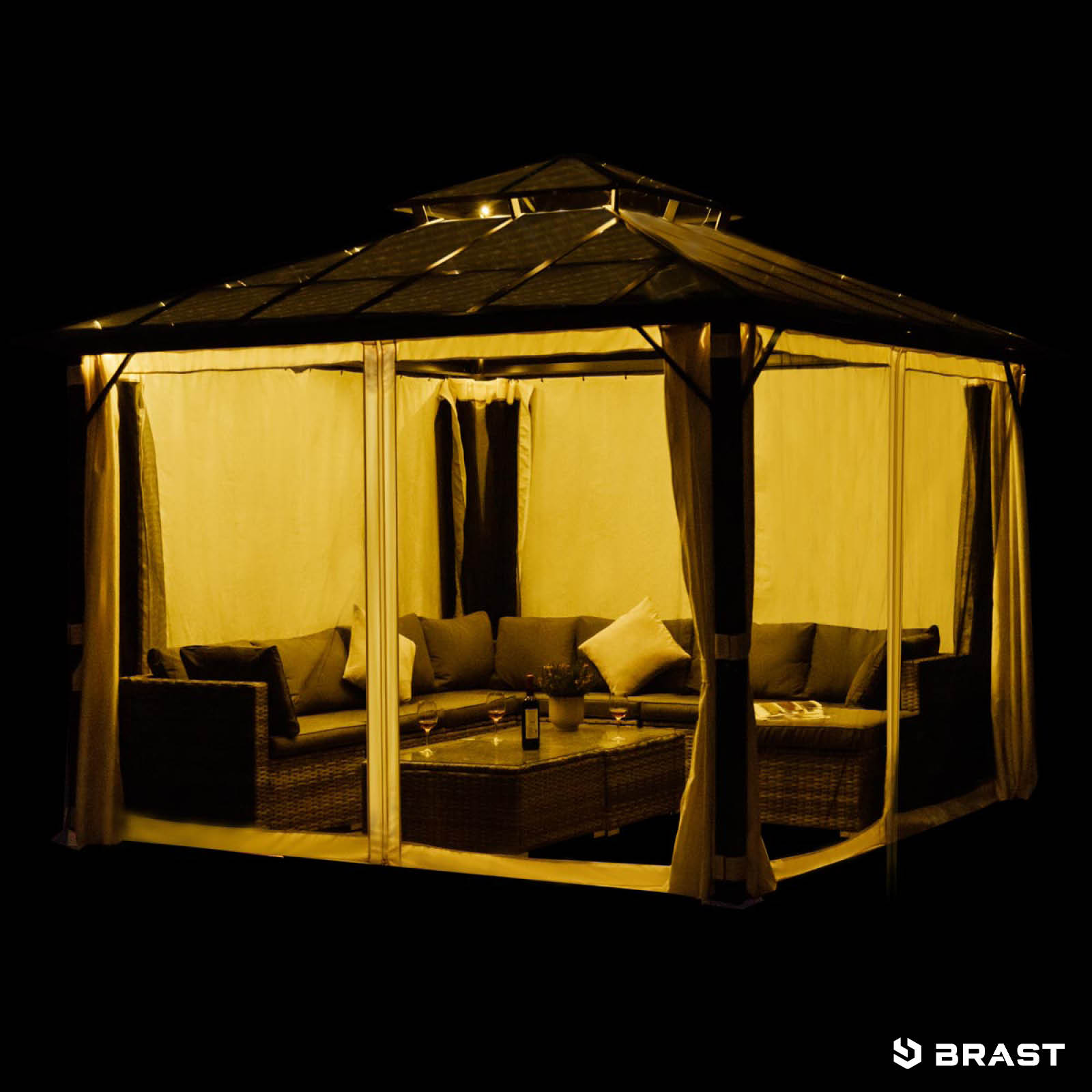 BRAST Alu Pavillon PAGODE 4x4m beige mit Moskitonetz & LED-Beleuchtung