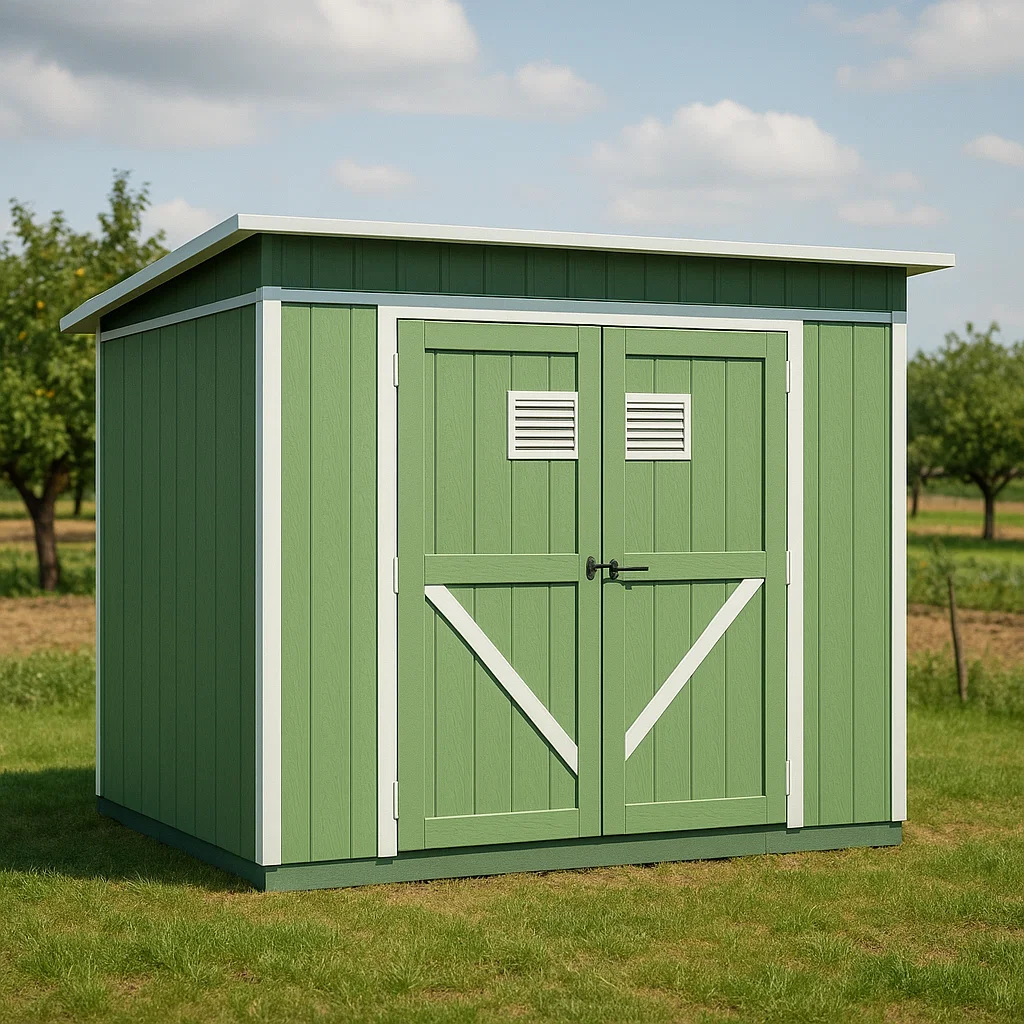 Caseta de jardín. verde con bordes blancos de material compuesto para jardín exterior. 215x135x200 cm