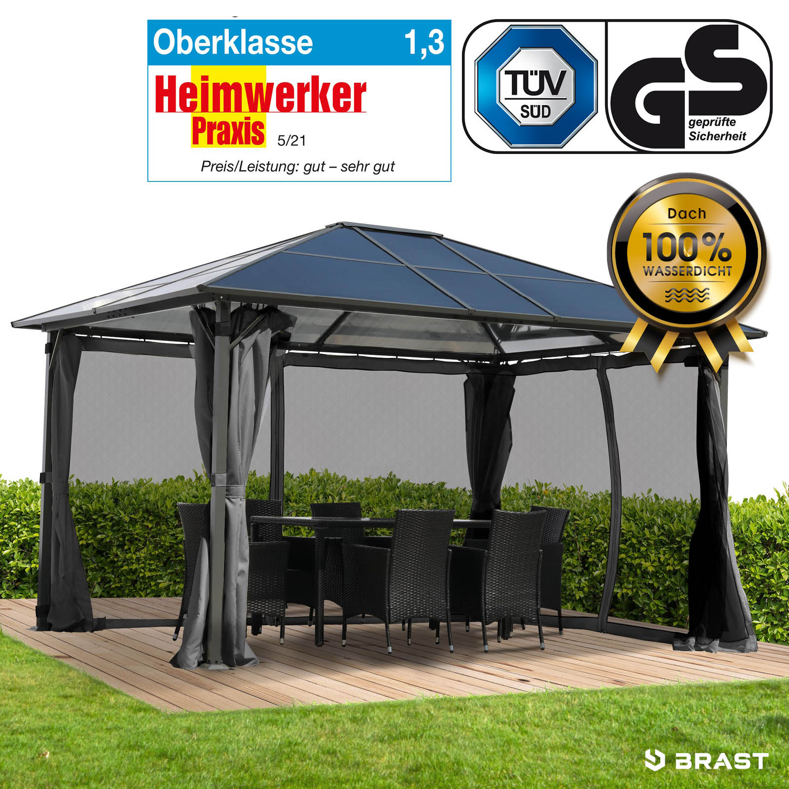 BRAST Alu Pavillon PREMIUM mit festem Dach 3x4m grau