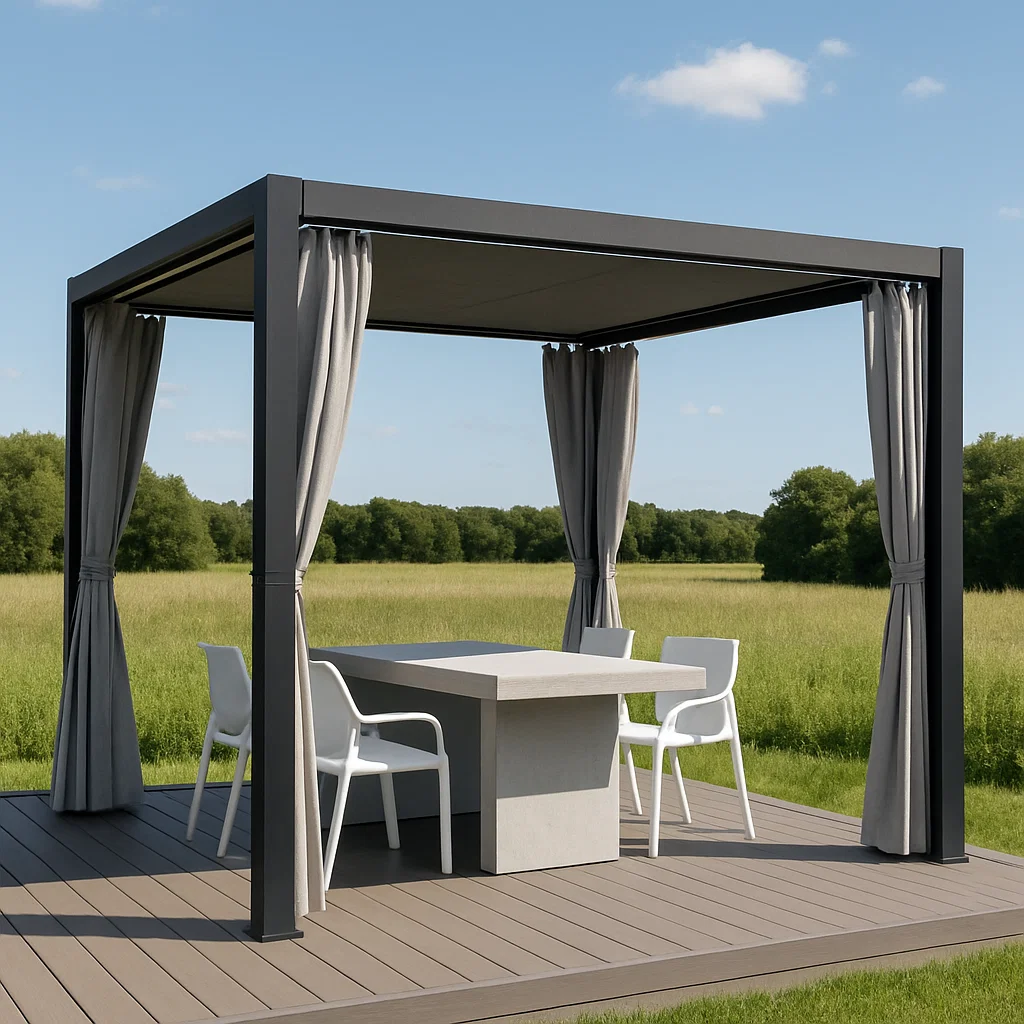 Pérgola con estructura metálica negra y cortinas grises para jardín. 350x350x250 cm